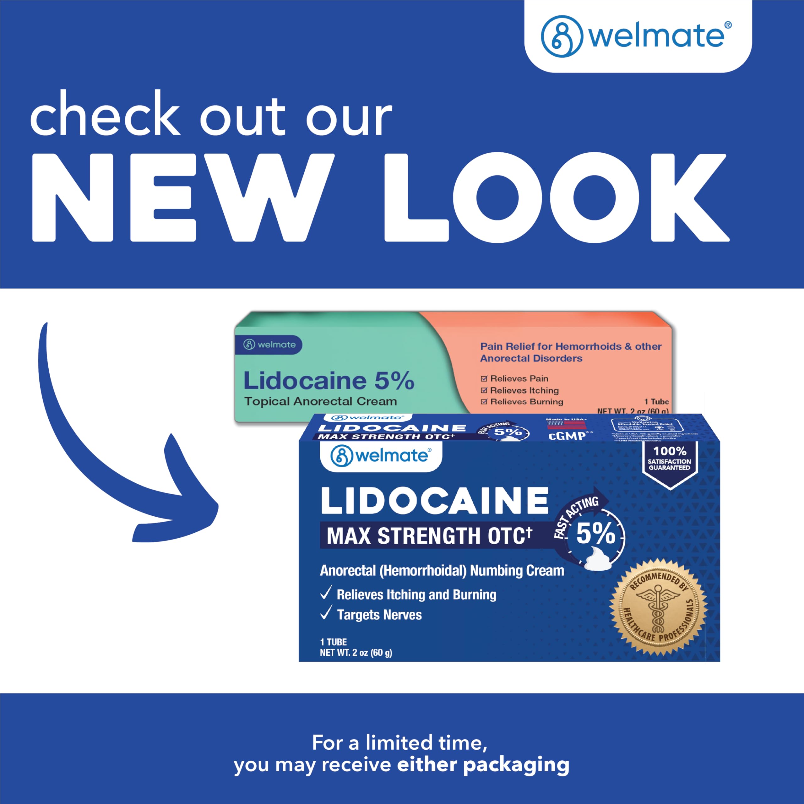 Aplicación externa de hemorroides con crema lidocaína WELMATE, alivio localizado.