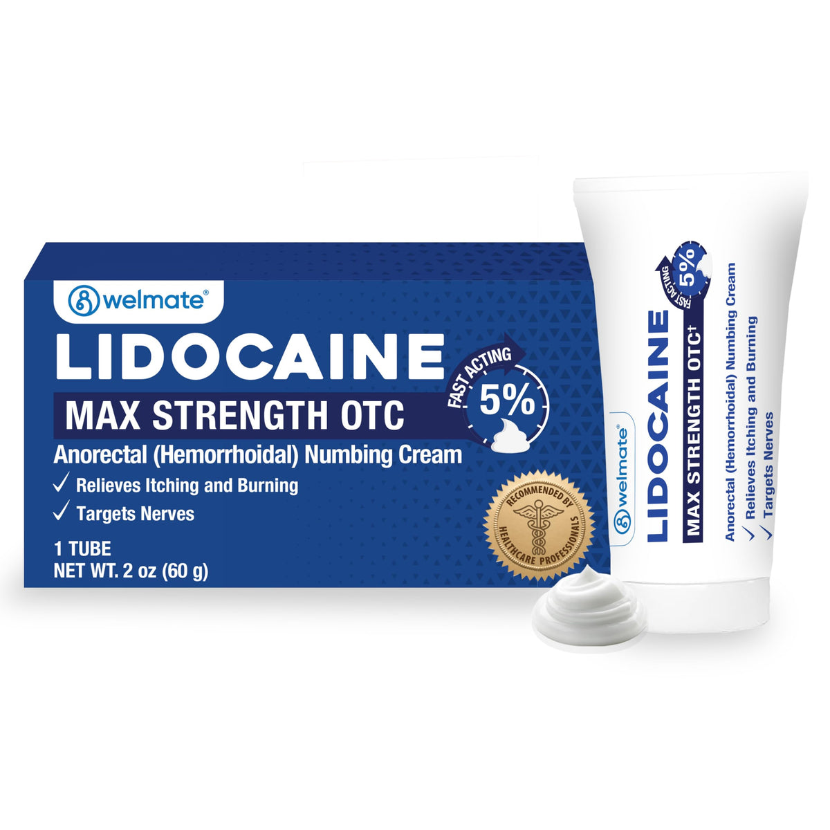 WELMATE crema lidocaína 5% para hemorroides, alivio externo rápido.