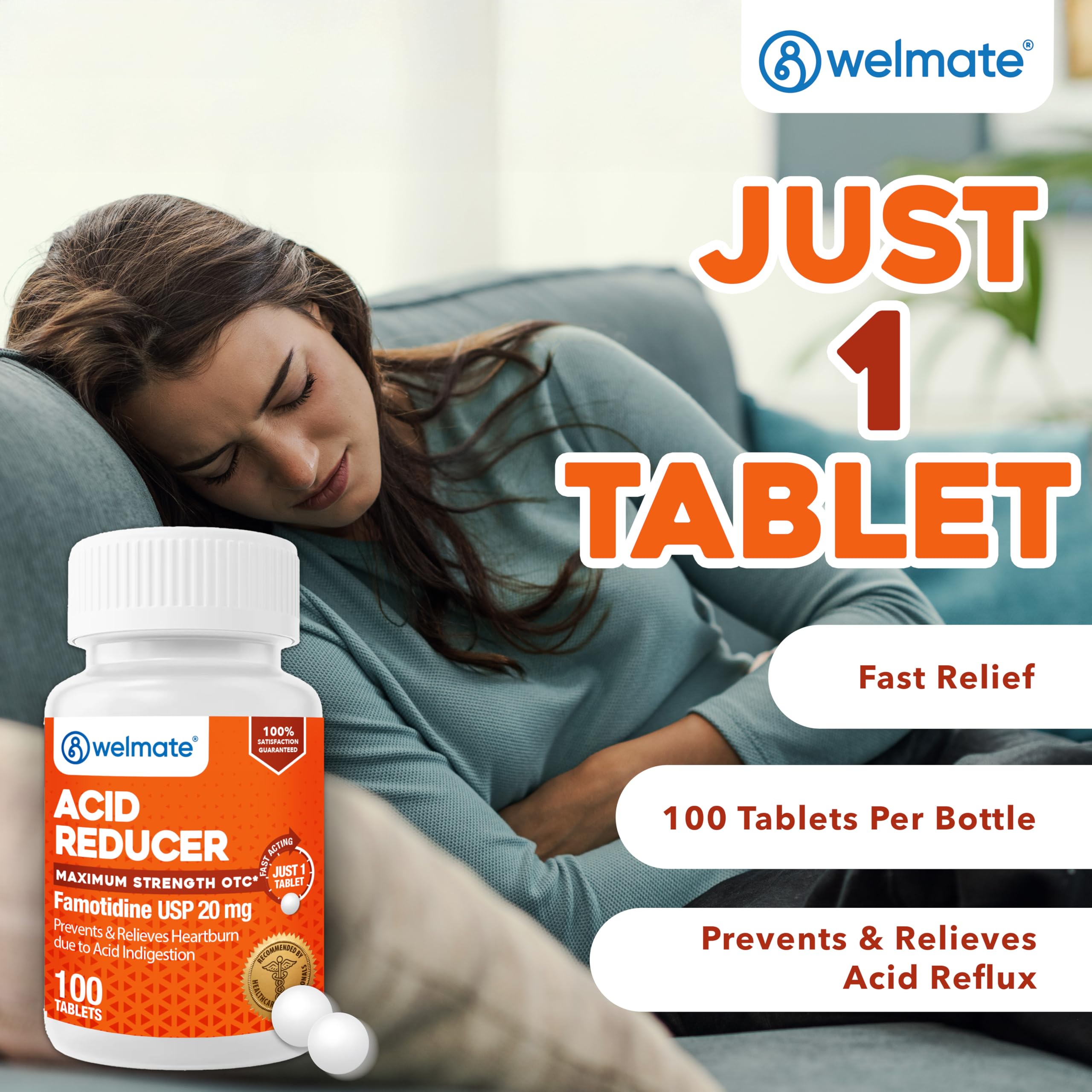 Envase de vidrio de 100 tabletas WELMATE para almacenamiento seguro.