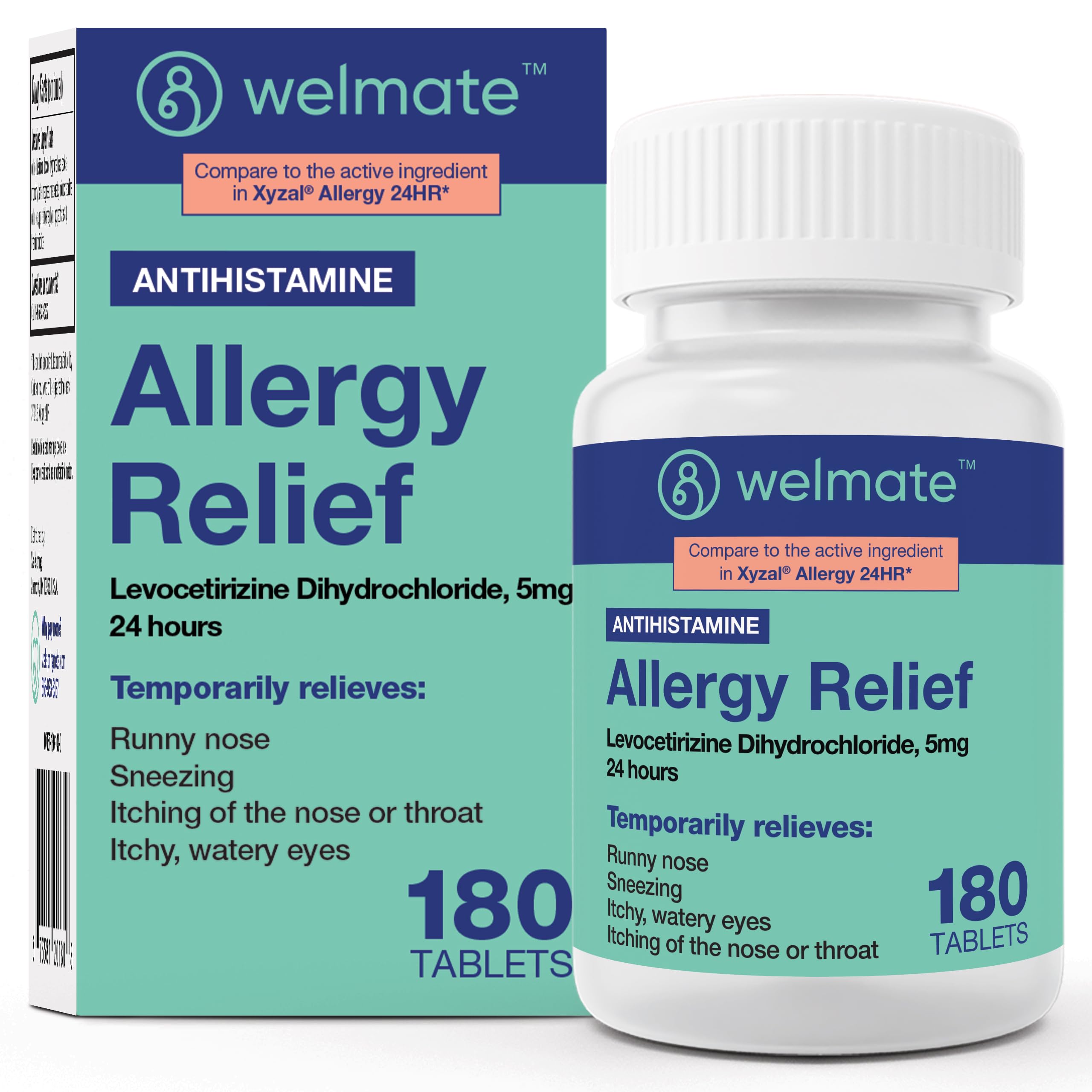 WELMATE envase de tabletas levocetirizina 5mg para alivio diario