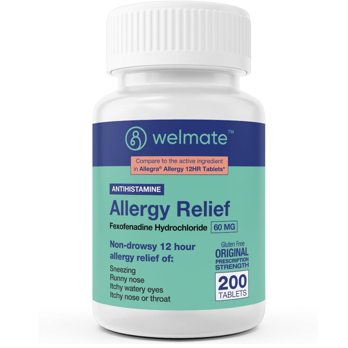 Botella de WELMATE Fexofenadina 60 mg para alivio rápido de alergias.