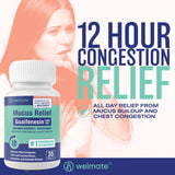 WelMate Guaifenesin 1200 mg: dosis sencilla cada 12 horas con agua