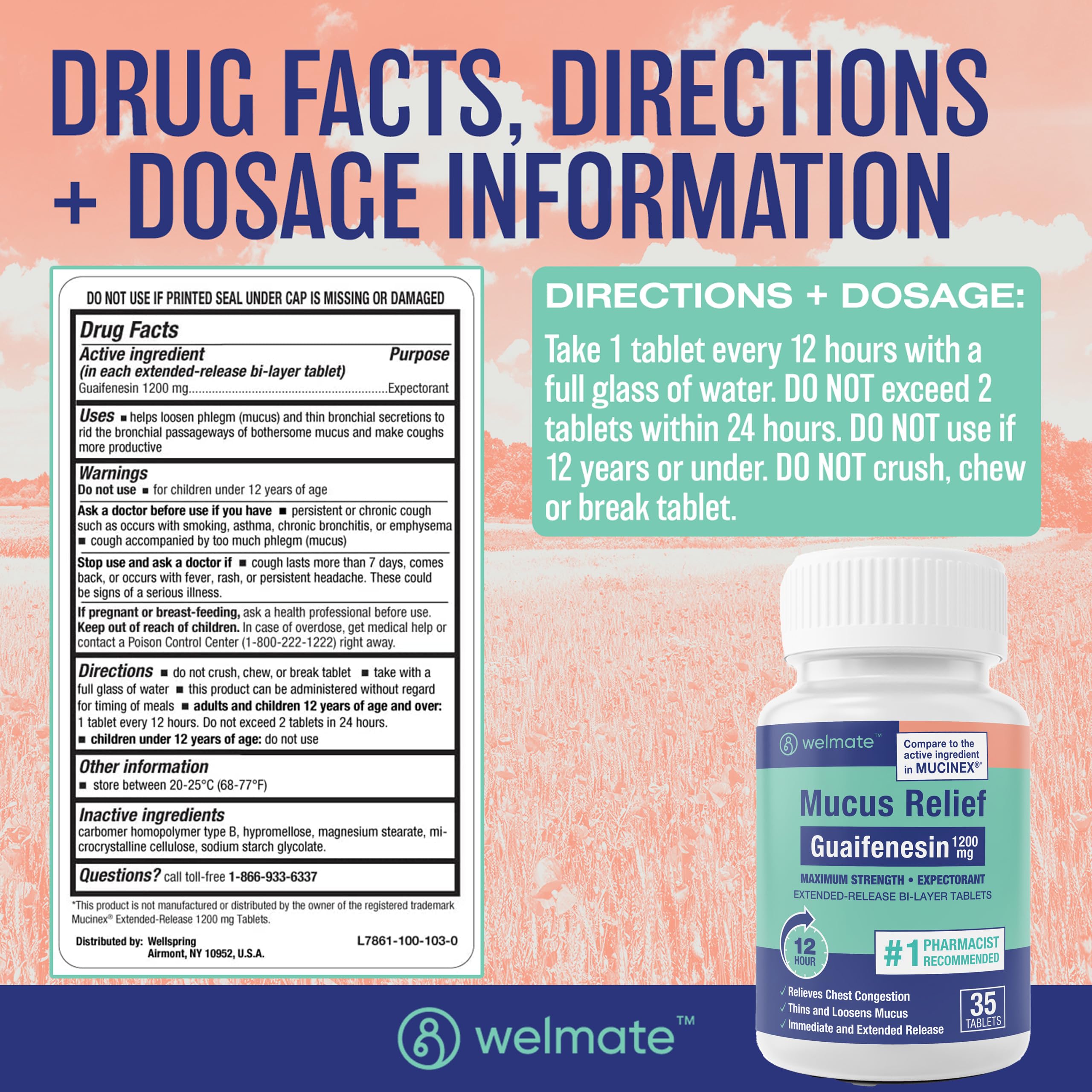 WelMate Guaifenesin 1200 mg: tabletas en envase para uso prolongado