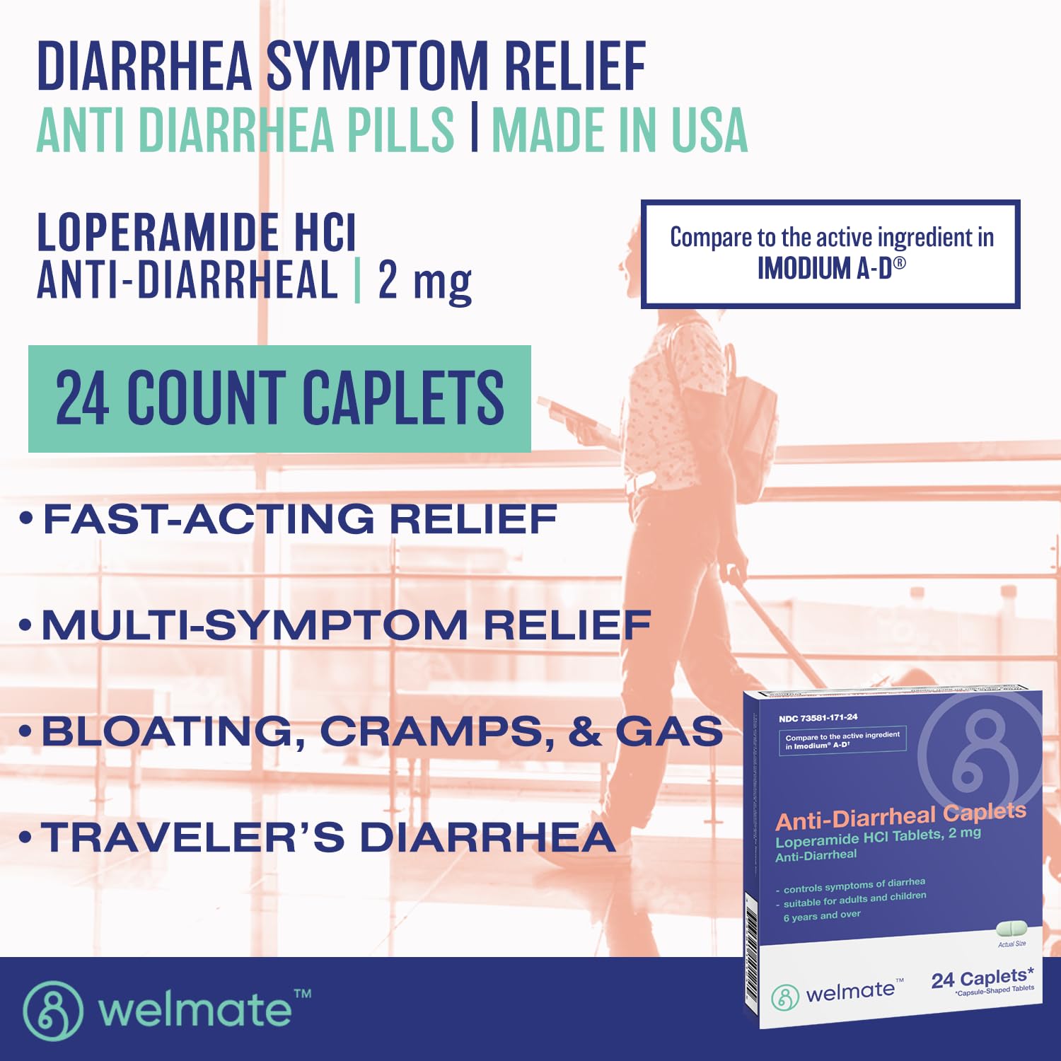 Vista frontal de la botella Welmate con caplets de Loperamida 2 mg.