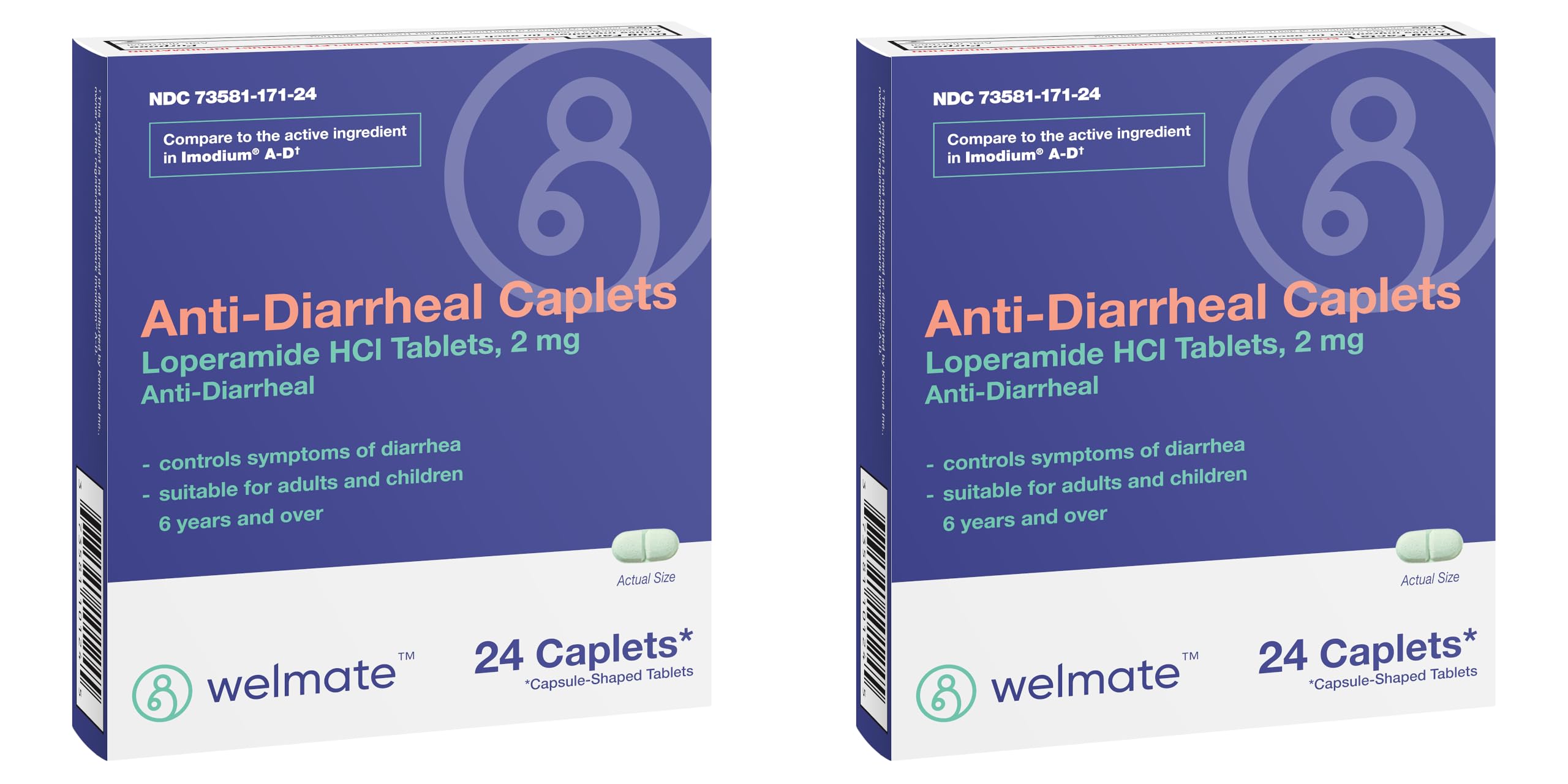Welmate Loperamide 2 mg caplets en paquete, alivio práctico para diarrea ocasional.