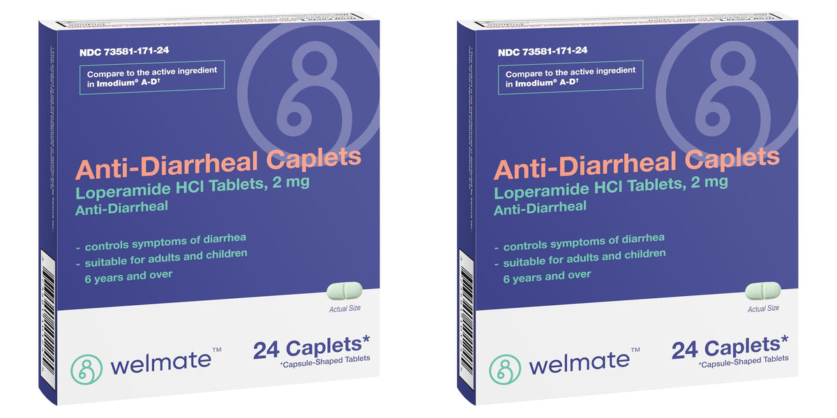 Welmate Loperamide 2 mg caplets en paquete, alivio práctico para diarrea ocasional.