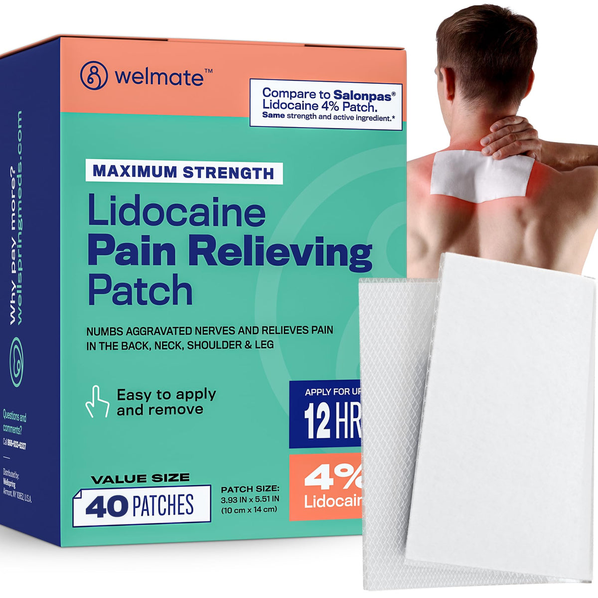 Parche WELMATE lidocaína 4% para alivio de dolor durante 8 horas.