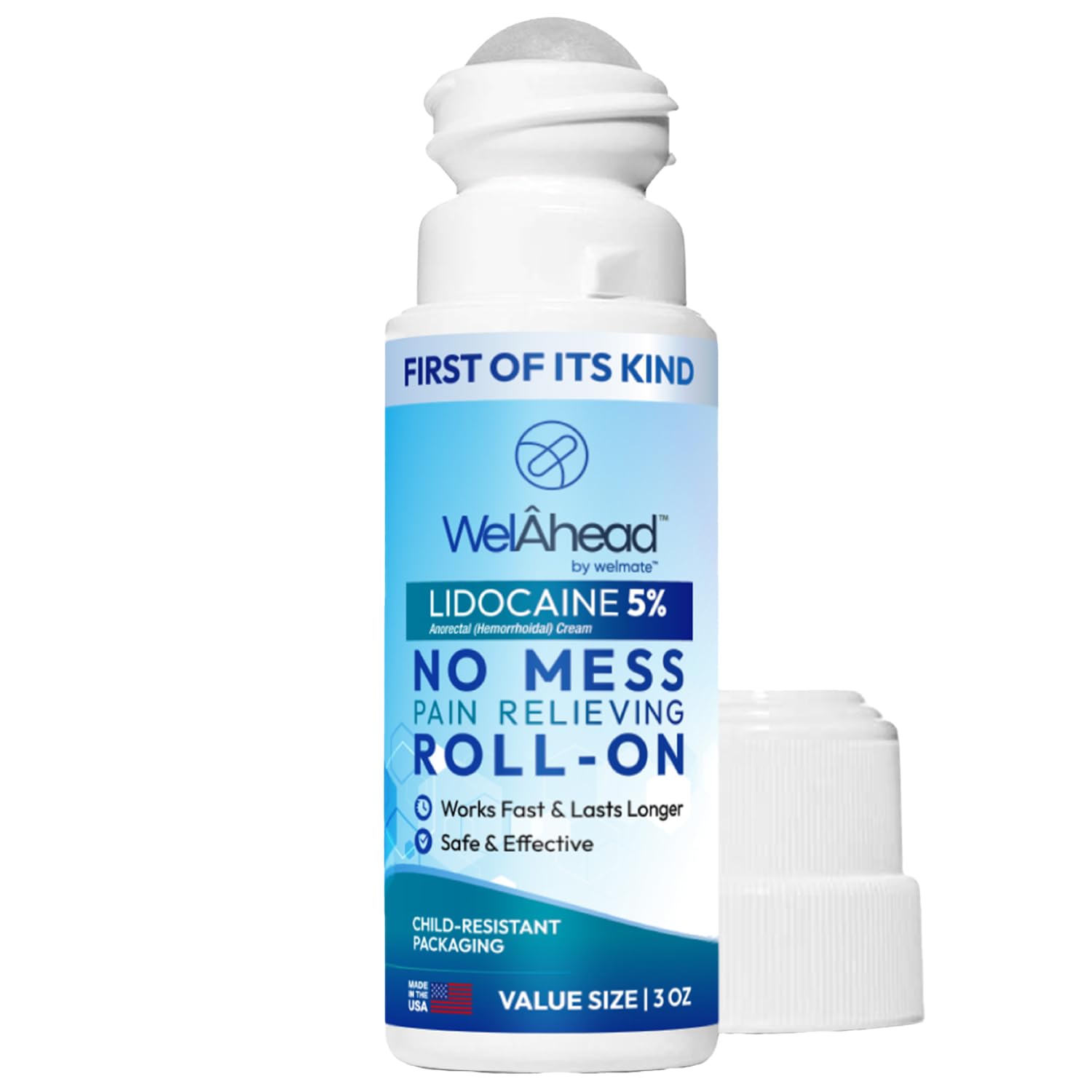 WELMATE Roll-On lidocaína cinco por ciento, envase de 3 oz para alivio localizado.