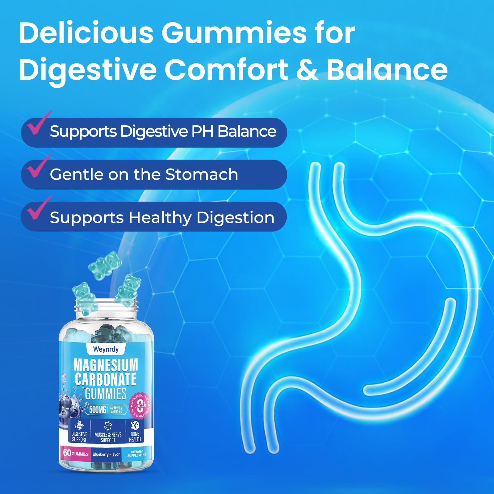 Gominolas Weynrdy magnesio carbonato 500 mg, botella visible, apoyo diario para músculos y nervios