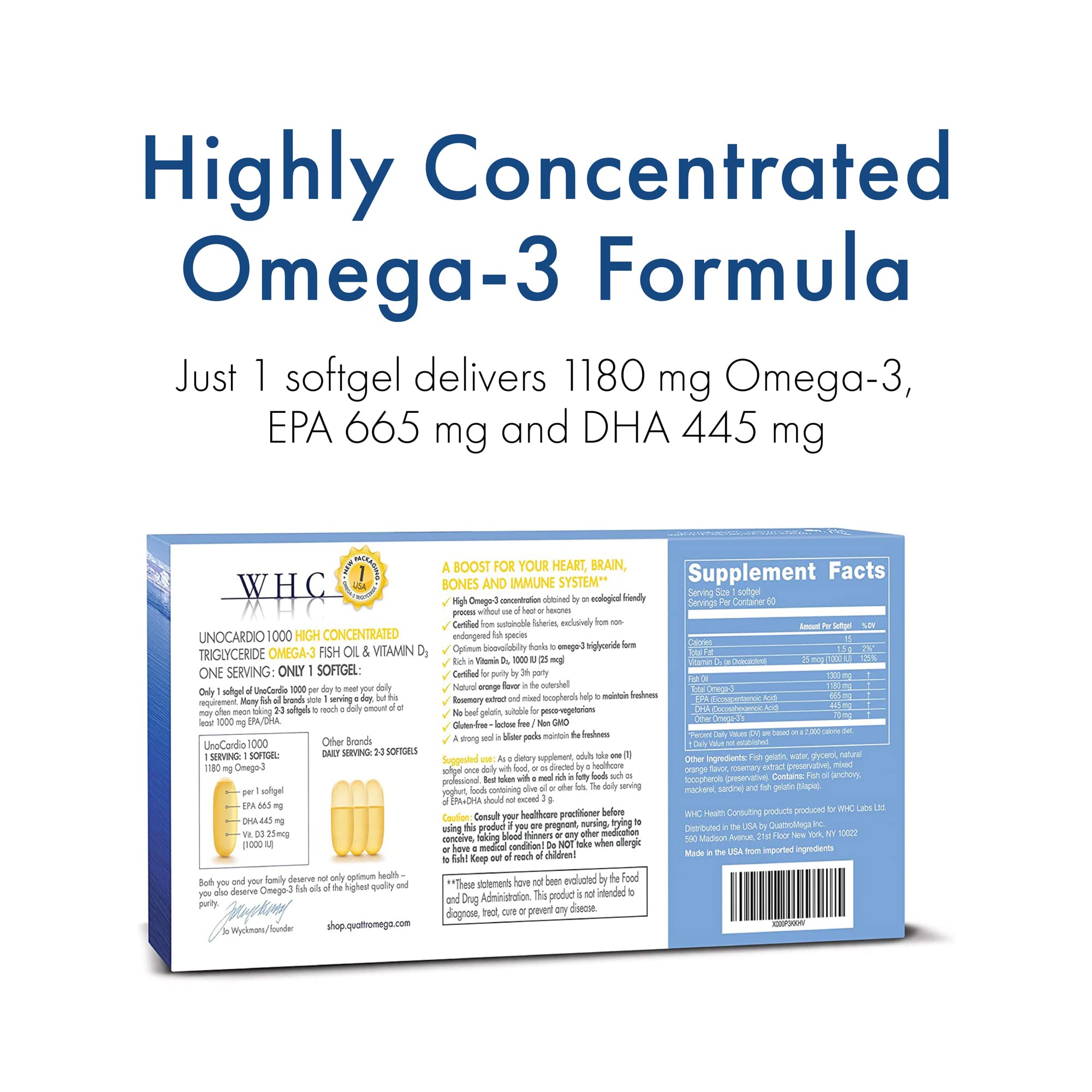 WHC UnoCardio bote de 60 cápsulas con sabor naranja para uso diario.
