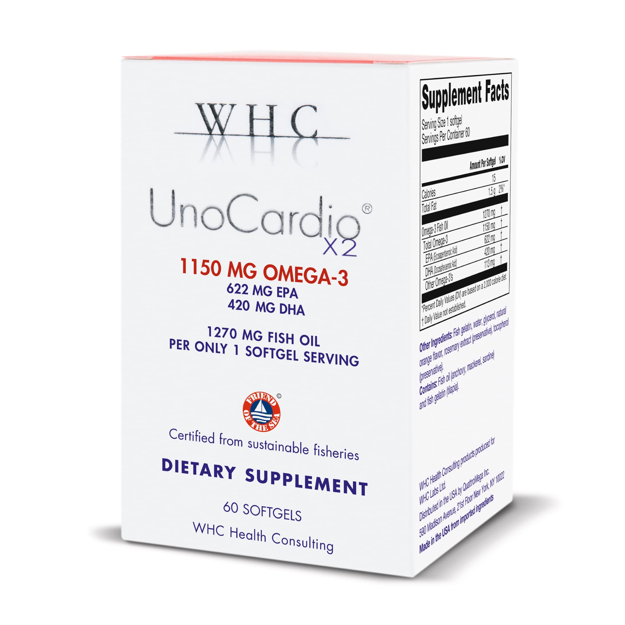 WHC UnoCardio X2, bote de aceite de pescado, apoya la salud cardiovascular.