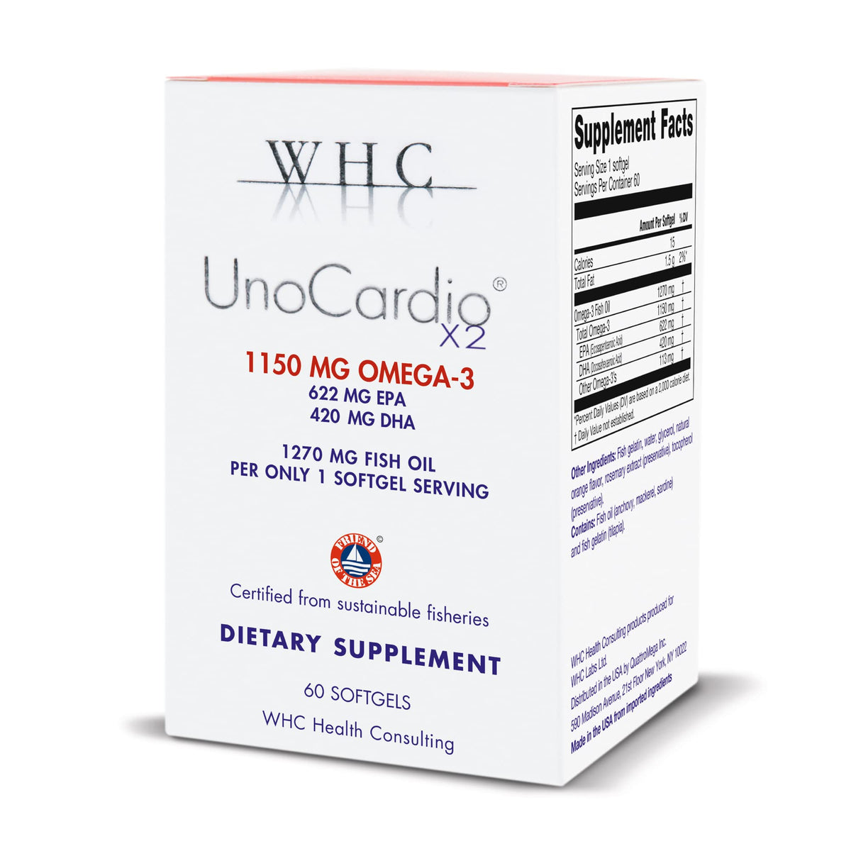WHC UnoCardio X2, bote de aceite de pescado, apoya la salud cardiovascular.