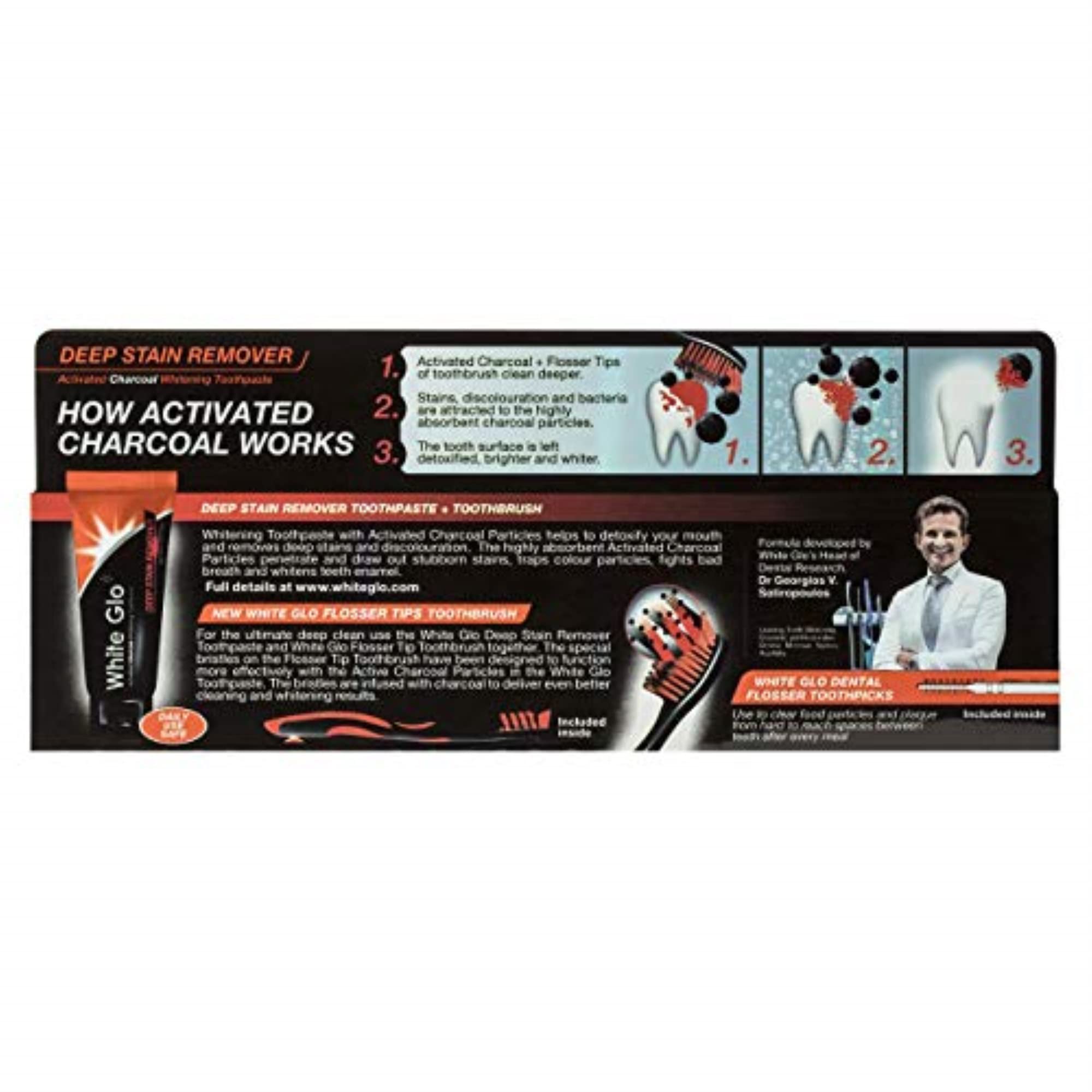 White Glo cepillo con puntas de hilo dental carbón activado para limpieza profunda