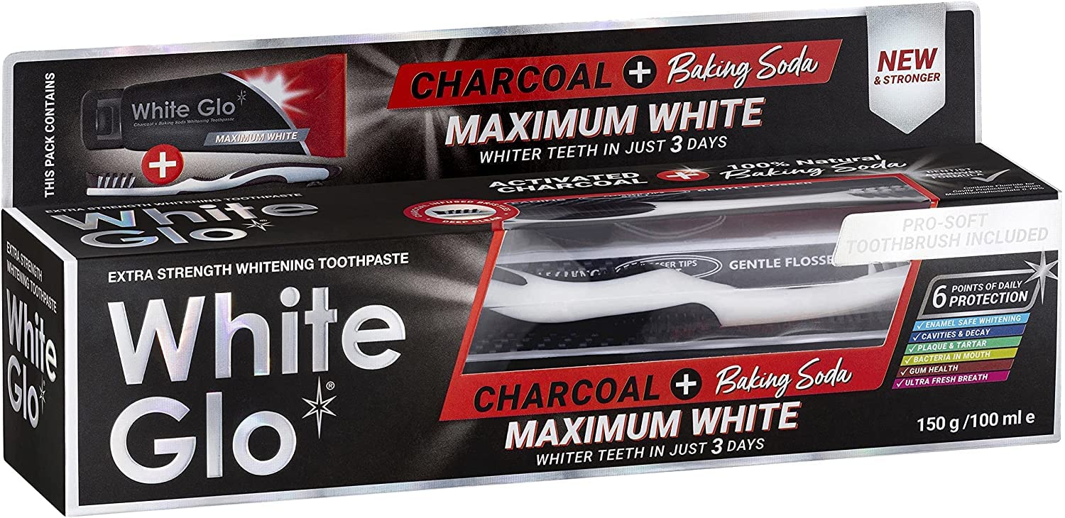White Glo pasta dientes carbón activado, enfoque carbón activado, potencia el blanqueado suave