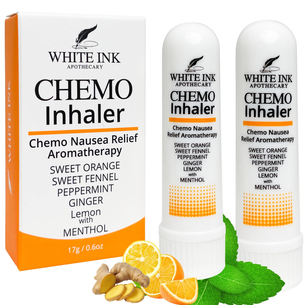 White Ink Apothecary inhalador nasal para náuseas de quimioterapia, alivio rápido y aroma agradable.