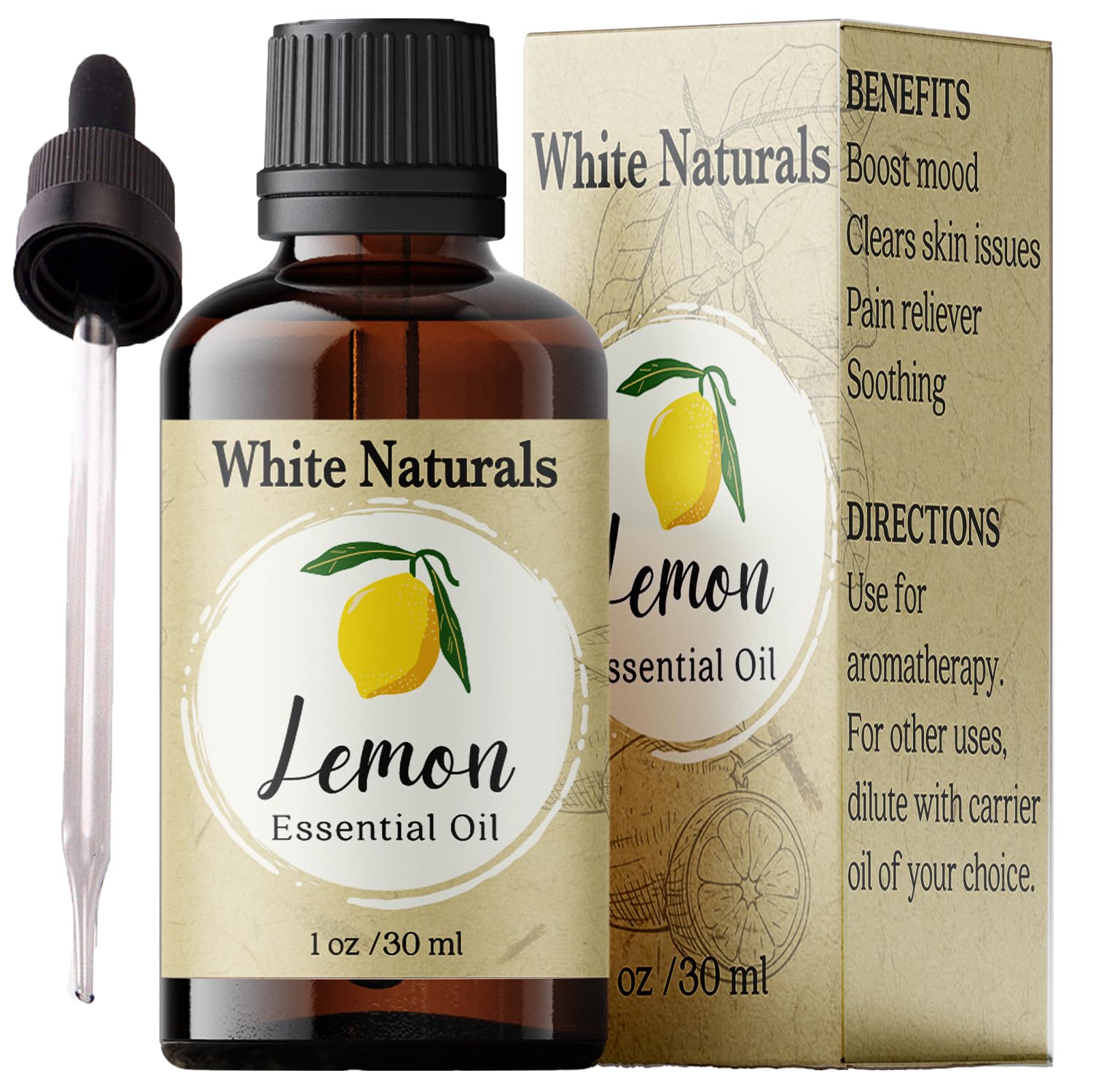 White Naturals Aceite esencial de limón: botella de 1 onza para aromaterapia y relajación.