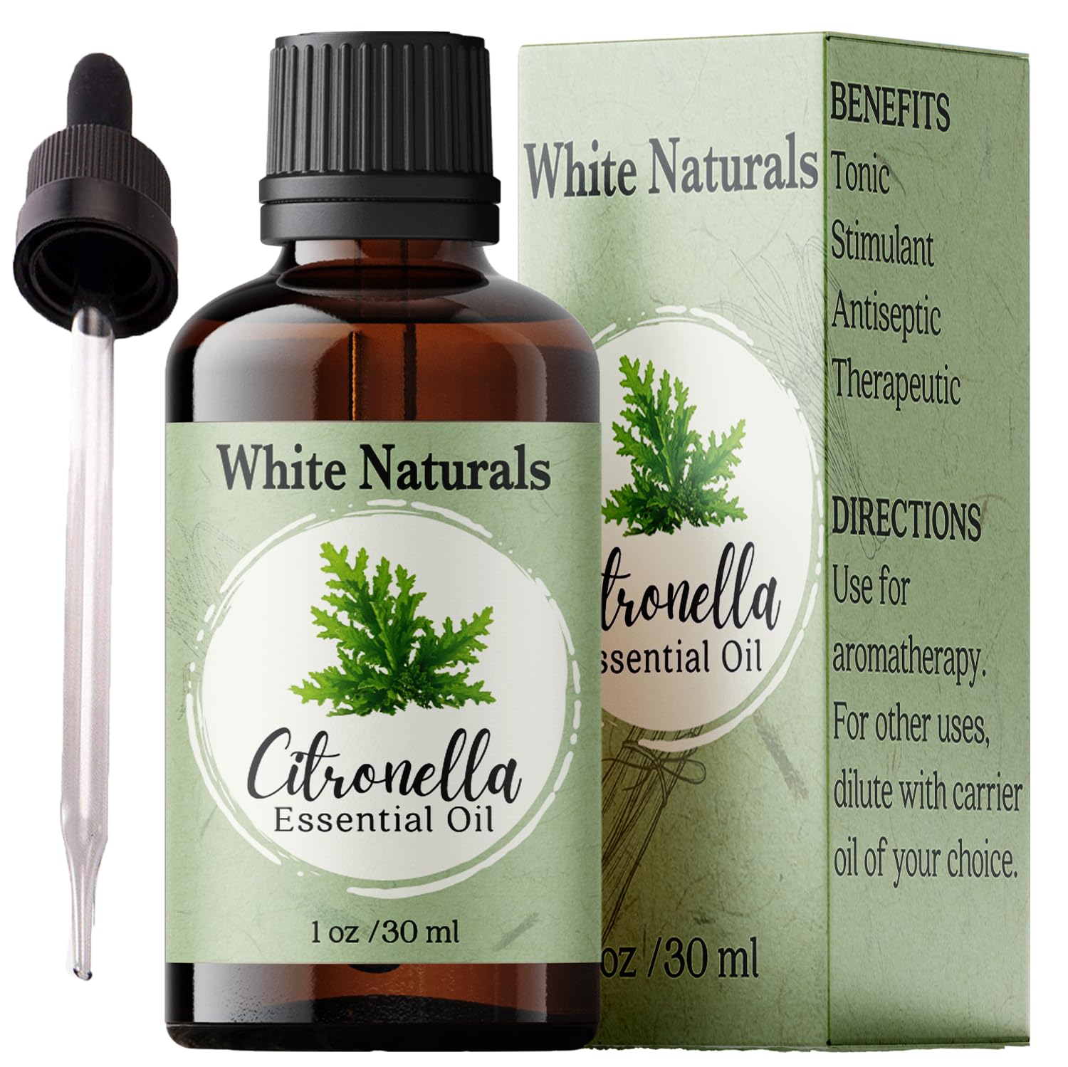 White Naturals citronella: botella en primer plano para aroma fresco y natural.