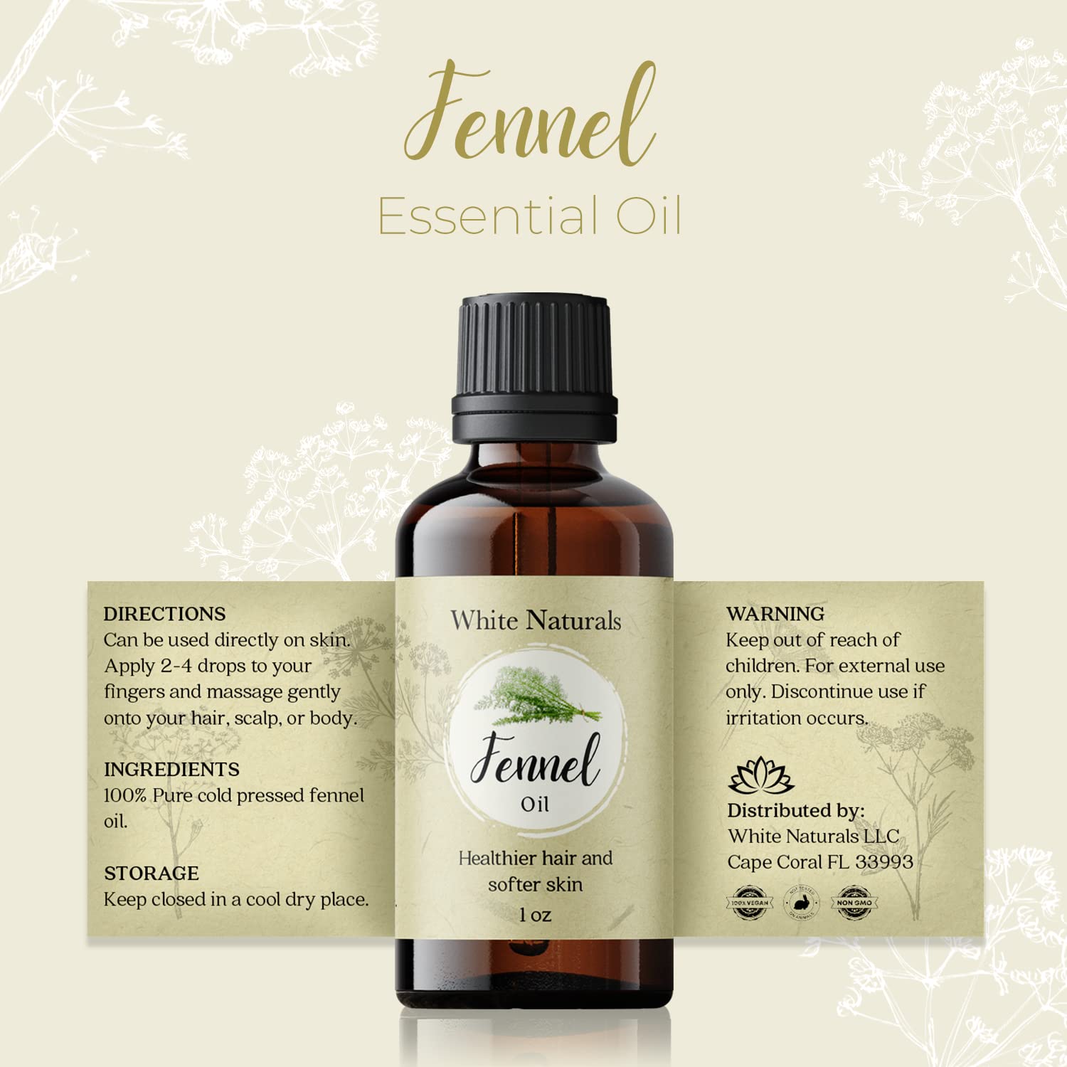 Cuidado de piel y cabello con aceite de hinojo White Naturals para brillo suave.