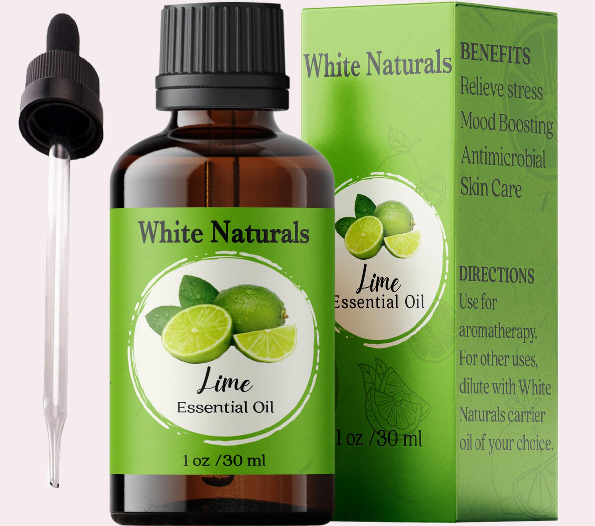 White Naturals Aceite Esencial de Lima en frasco ámbar para conservar la pureza y aroma fresco