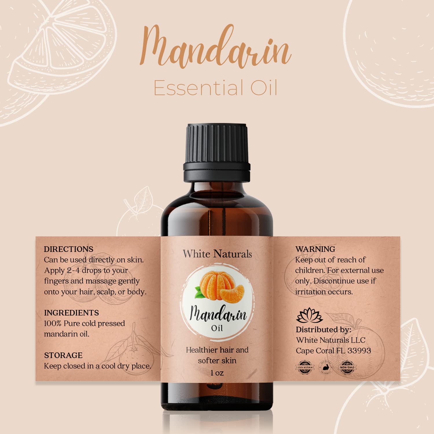 White Naturals mandarina aceite esencial aplicación cabello y piel, cuidado suave