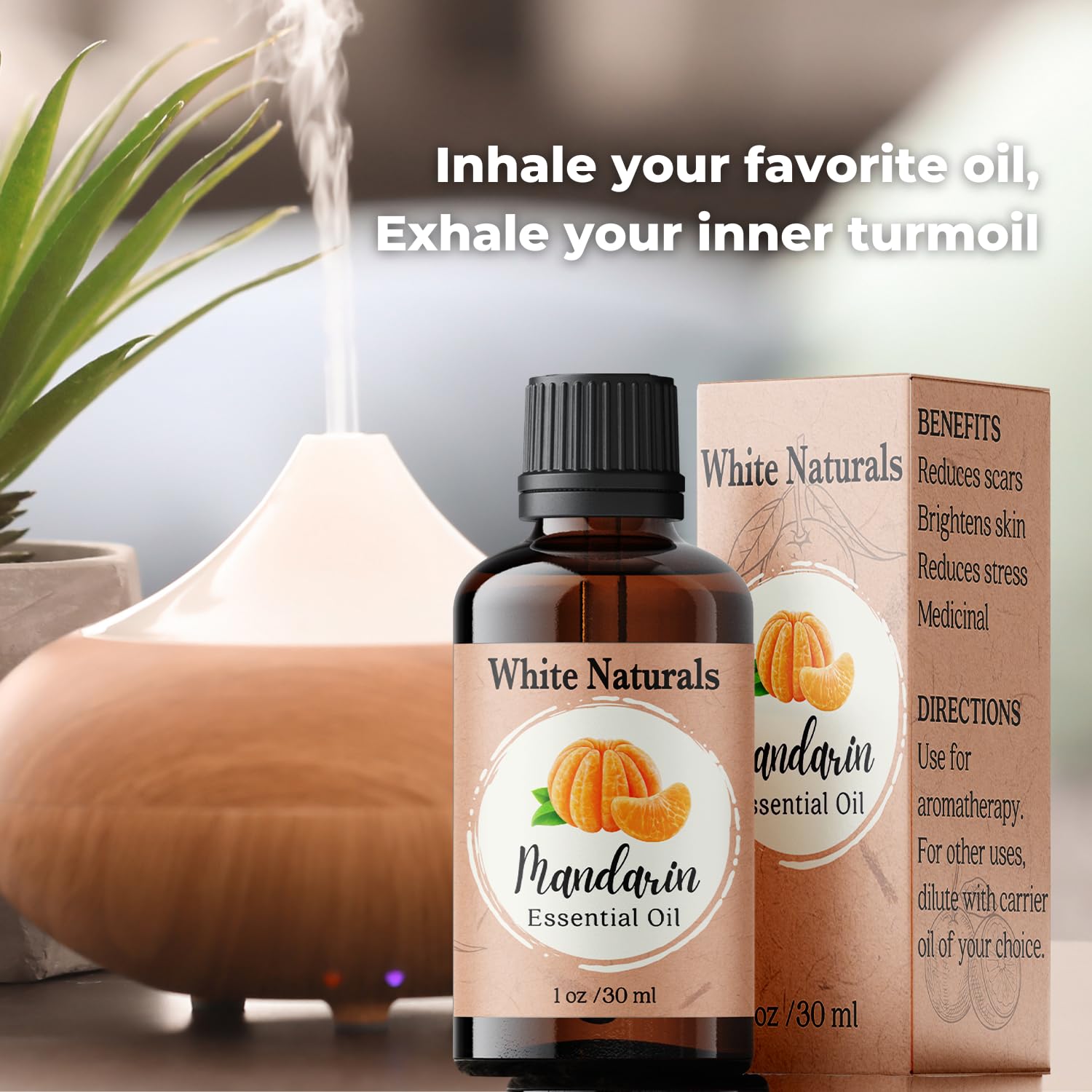 White Naturals mandarina aceite esencial envase compacto, fácil de llevar