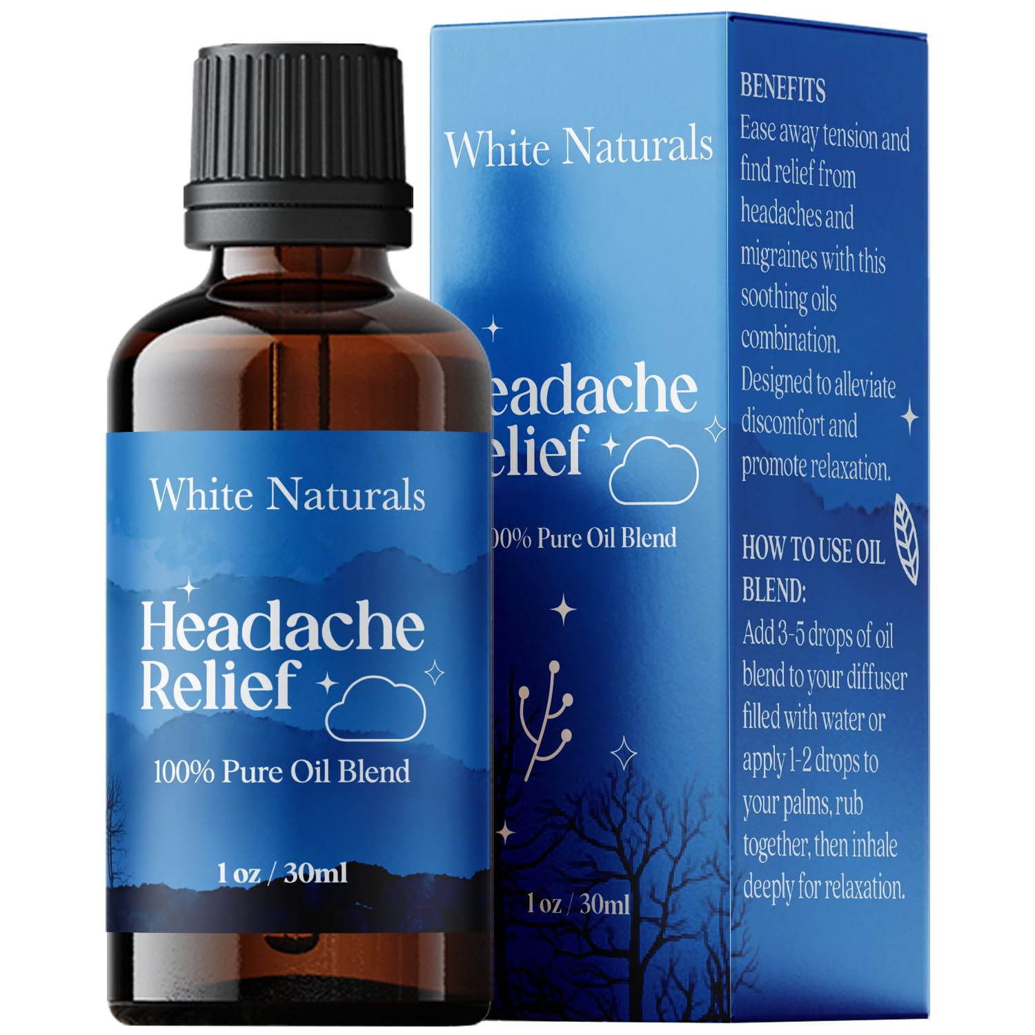 White Naturals Mezcla para dolor de cabeza en botella ámbar, aroma calmante.