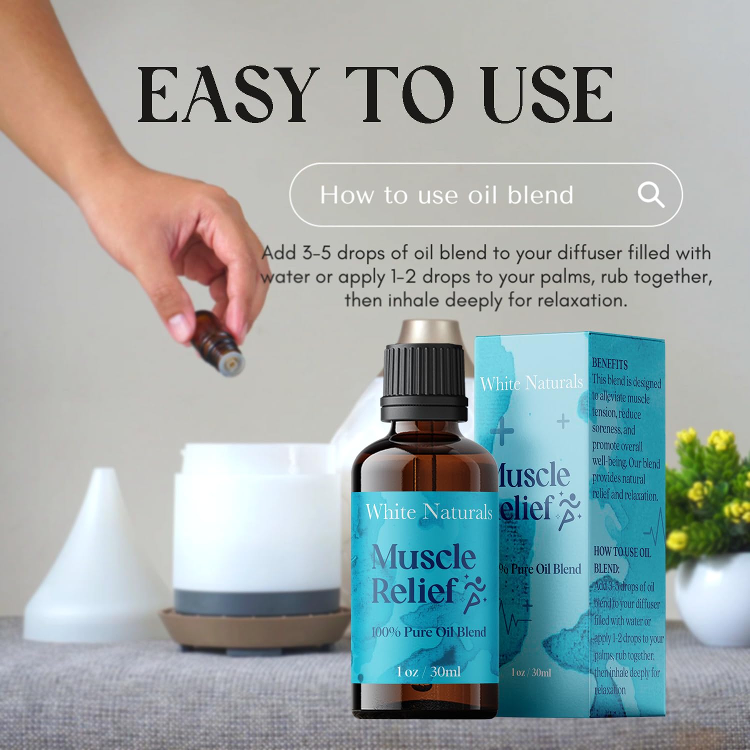 White Naturals Muscle Relief: gotas aplicadas en piel para alivio suave.