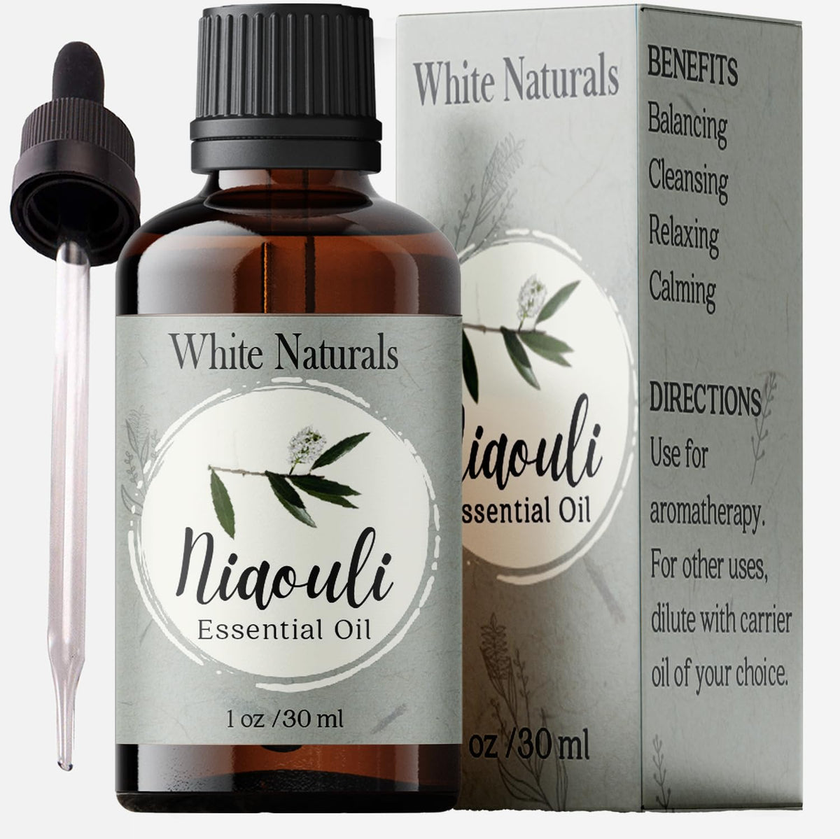 White Naturals Niaouli: botella de vidrio premium para aromaterapia diaria.