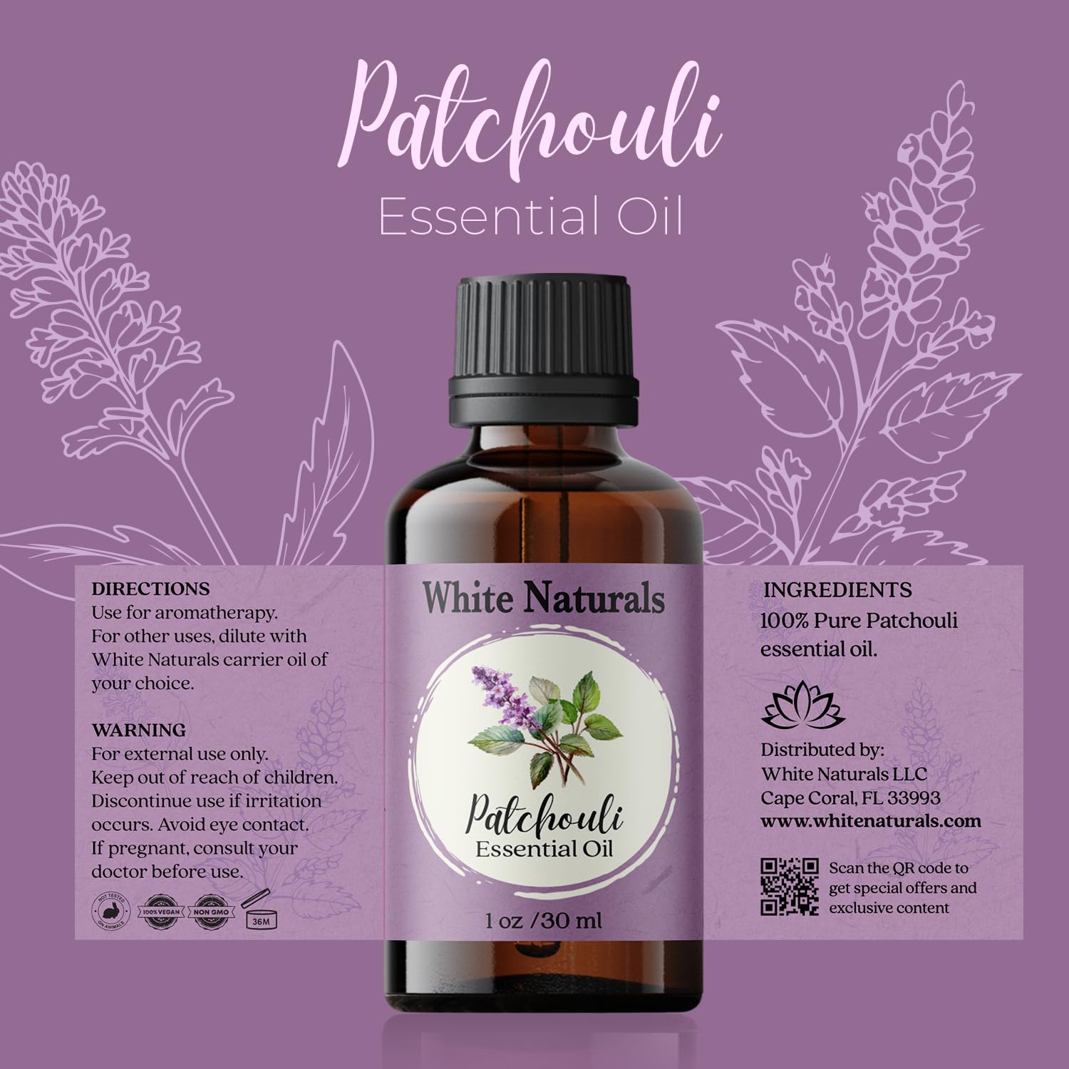 White Naturals Patchouli aplicación en piel diluido para suavidad