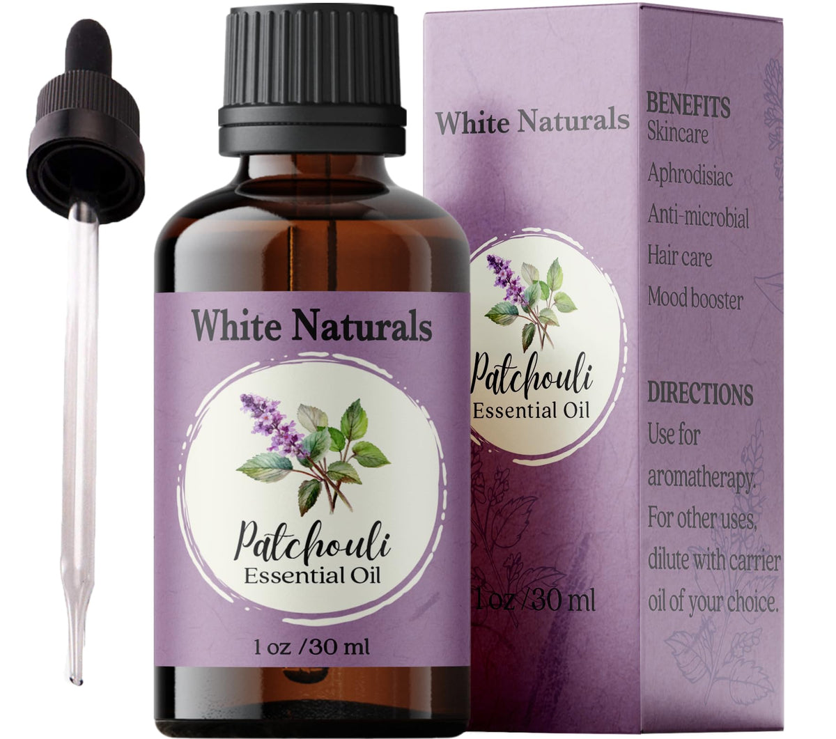 White Naturals Patchouli botella-ambar para aroma terroso y relajante