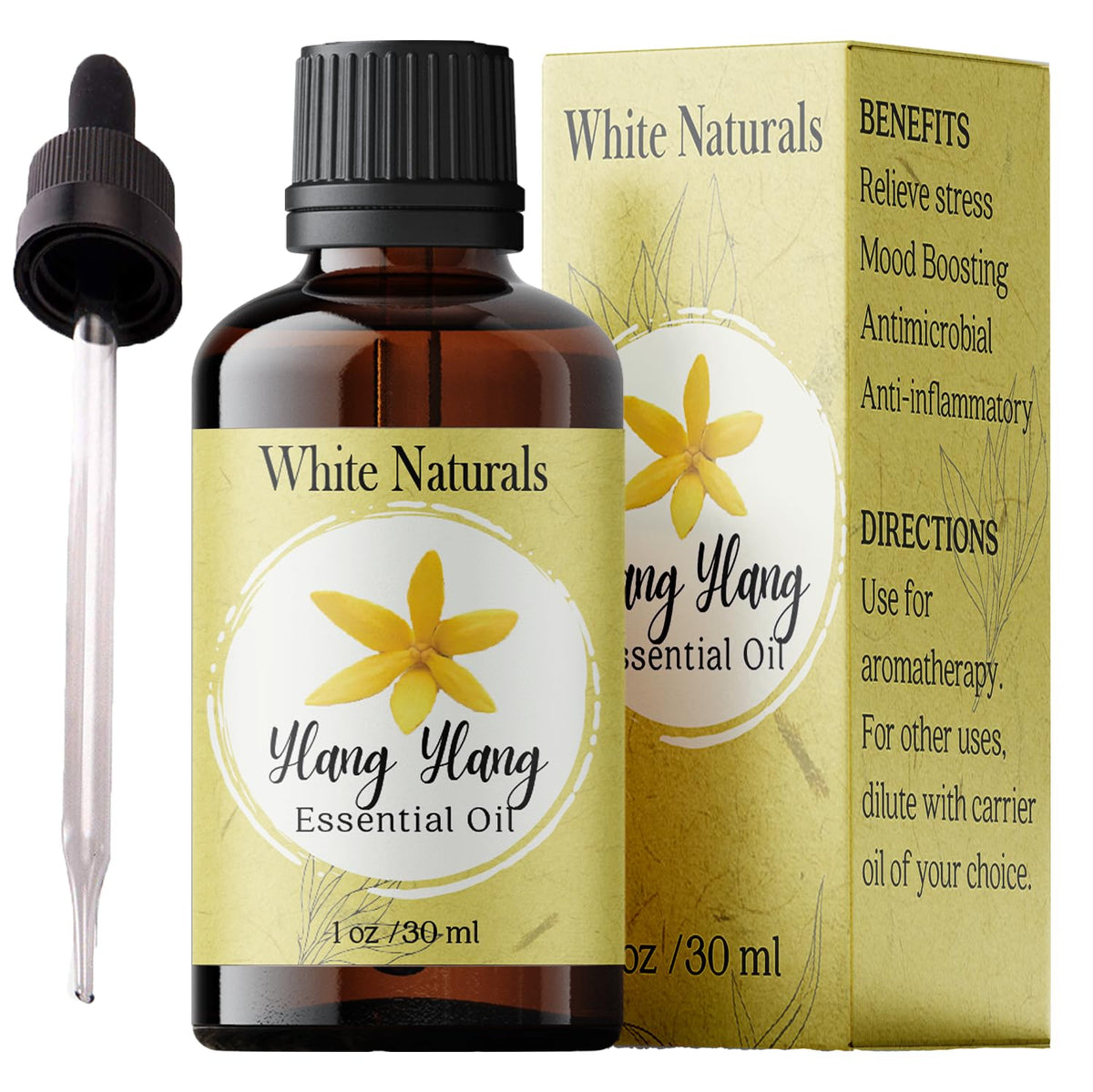 White Naturals Aceite Esencial Ylang Ylang en botella de vidrio, aroma exótico para aromaterapia.