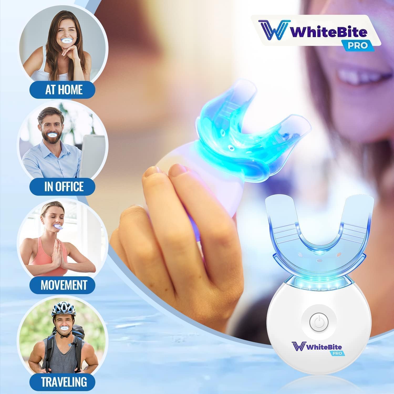 Whitebite Pro luz azul acceleradora facilita la descomposición de manchas sin dolor.
