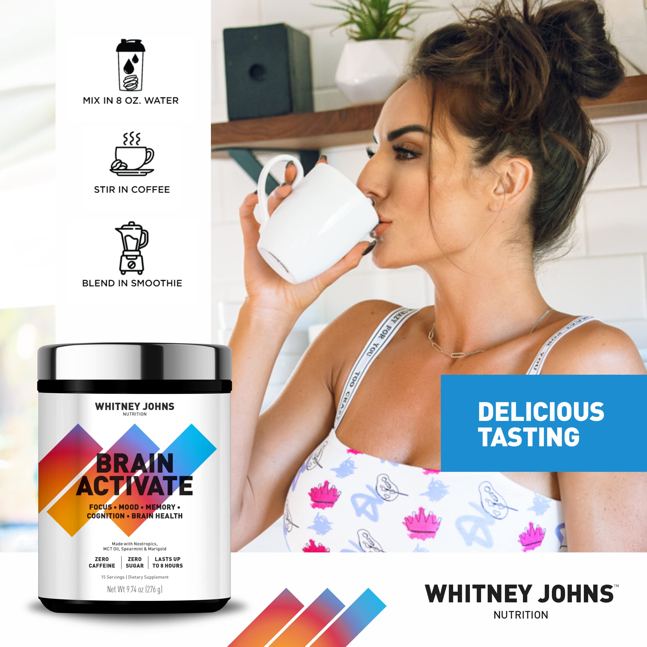 Whitney Johns Brain Activate sin azúcar ni cafeína, opción limpia.