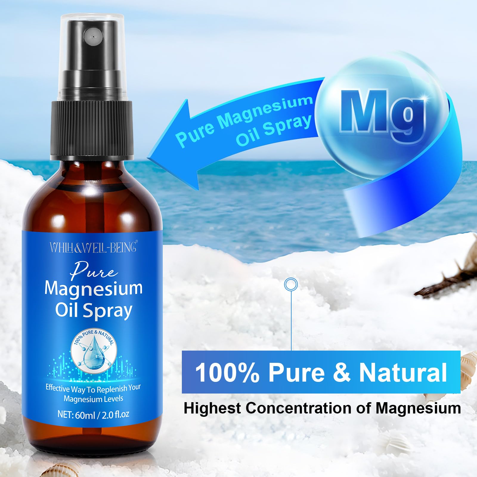 Botella de vidrio WHLH & WELL-BEING con spray de magnesio, ingrediente natural.