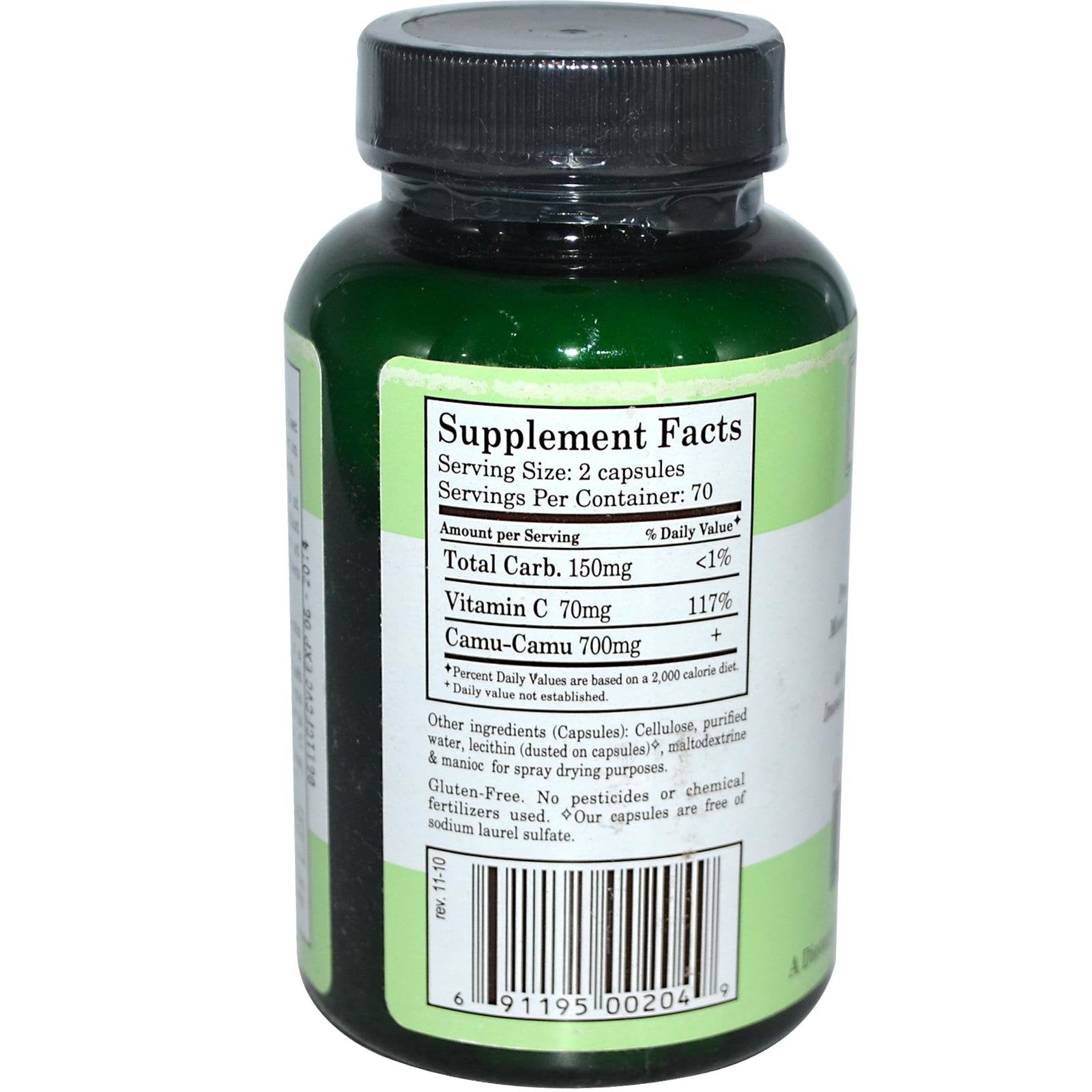 Royal Camu de Whole World Botanicals, etiqueta, destaca vitamina C natural para reforzar el bienestar diario.