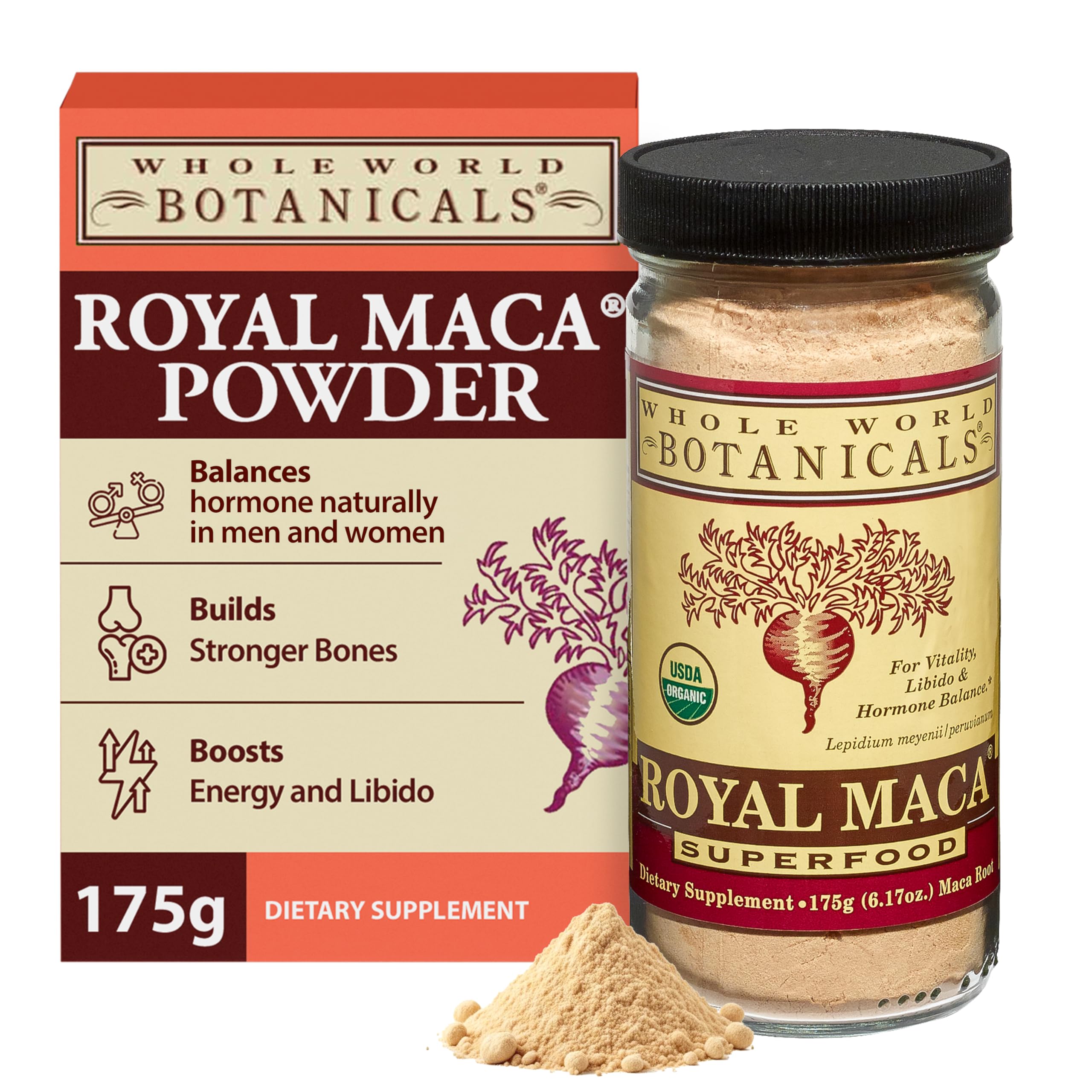 Royal Maca Powder de Whole World Botanicals, empaque visible para uso diario.