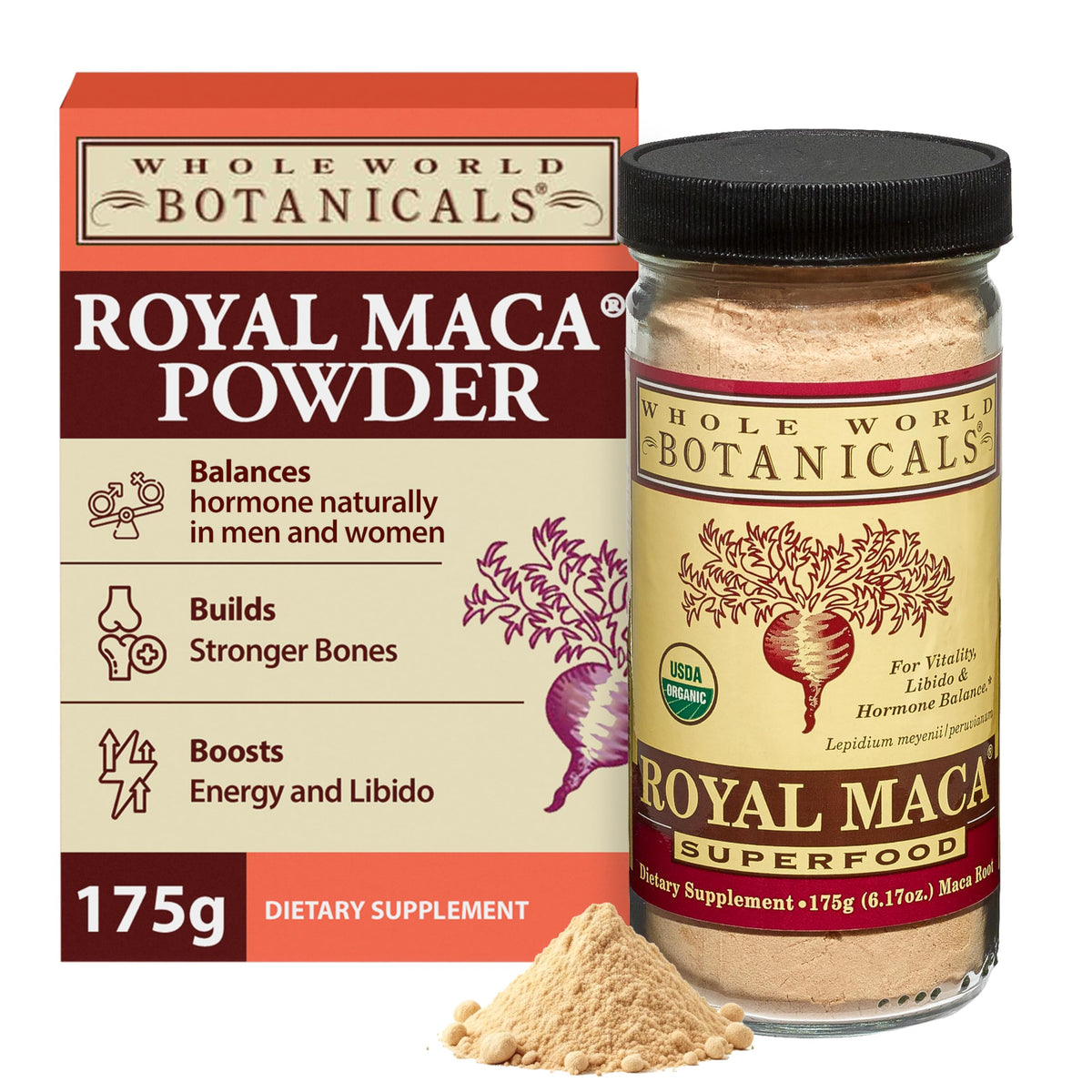 Royal Maca Powder de Whole World Botanicals, empaque visible para uso diario.
