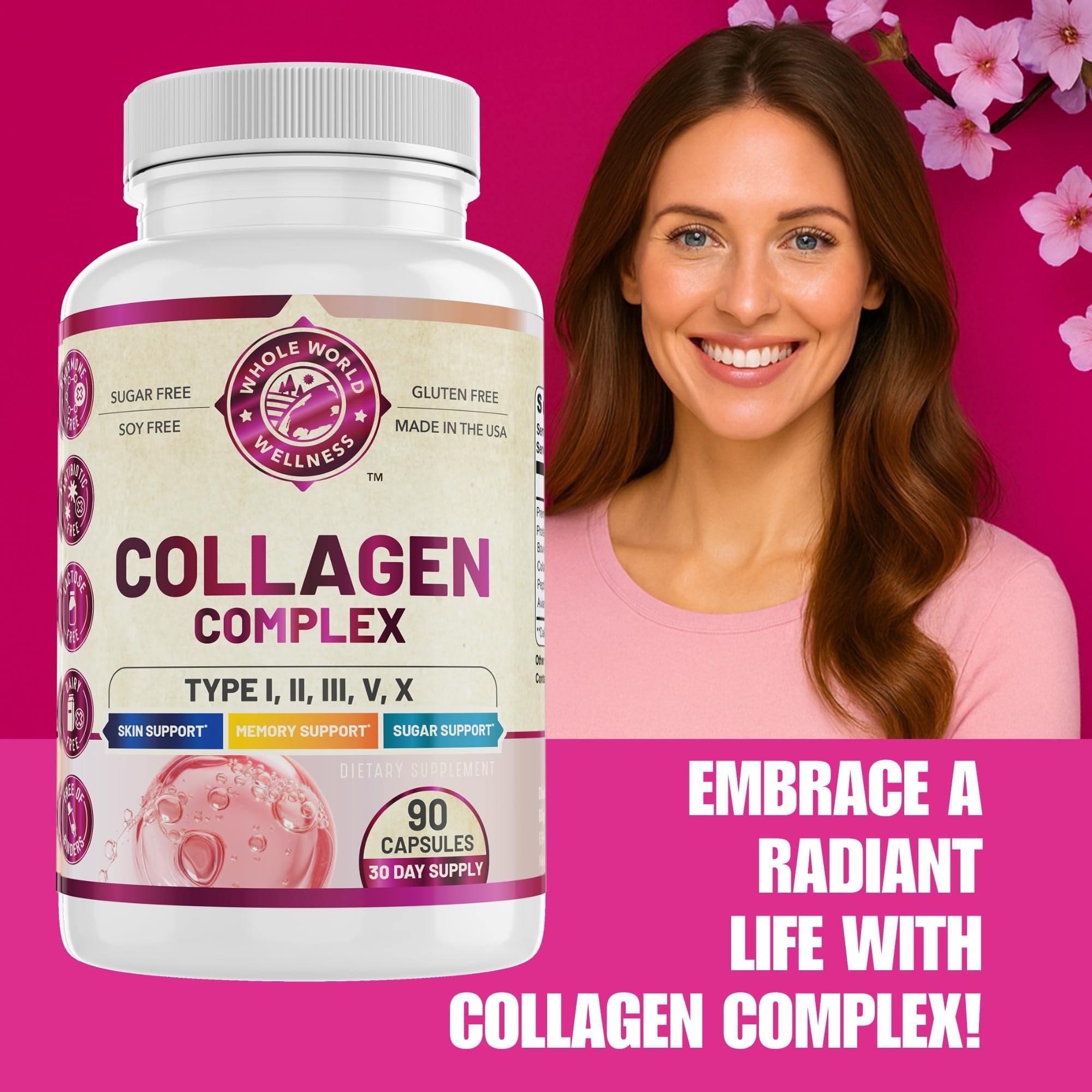 Cápsulas de WHOLE WORLD WELLNESS Collagen Complex, convenientes para tu rutina diaria.