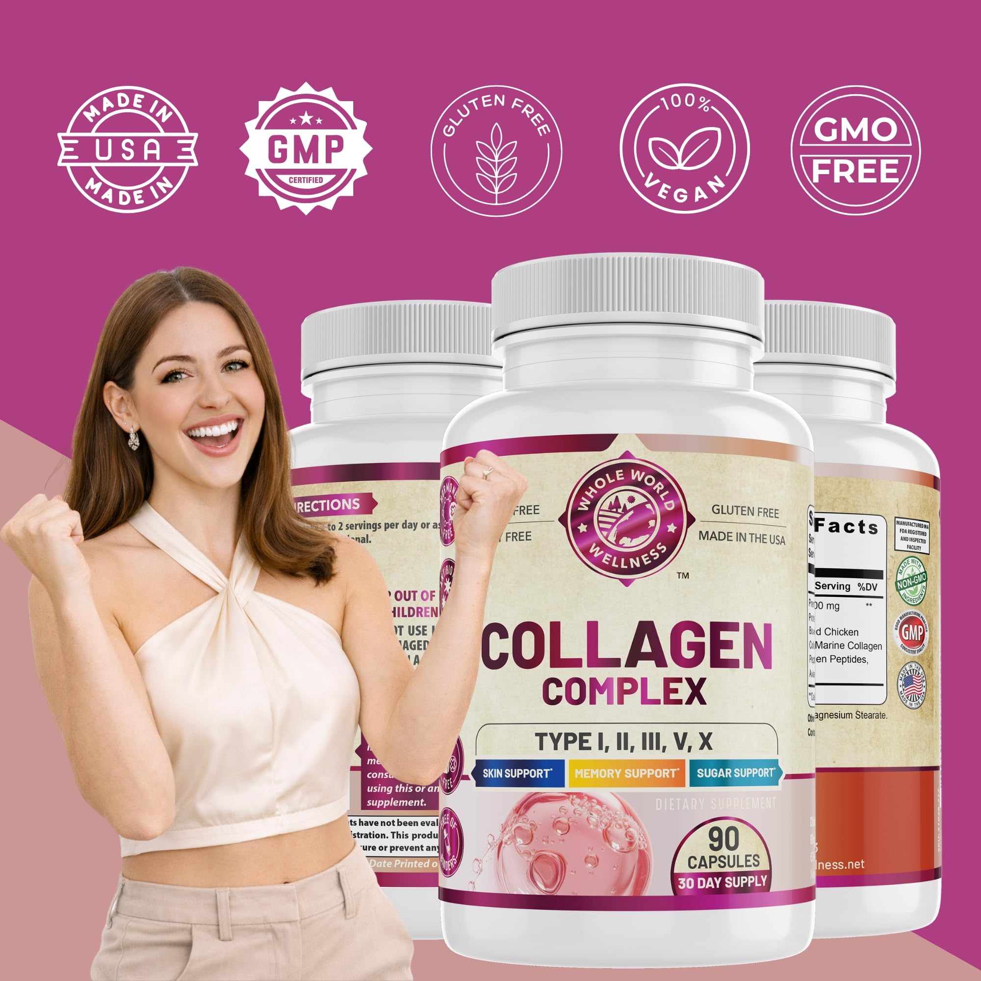 Dosis diaria: cápsulas de WHOLE WORLD WELLNESS Collagen Complex, toma práctica.