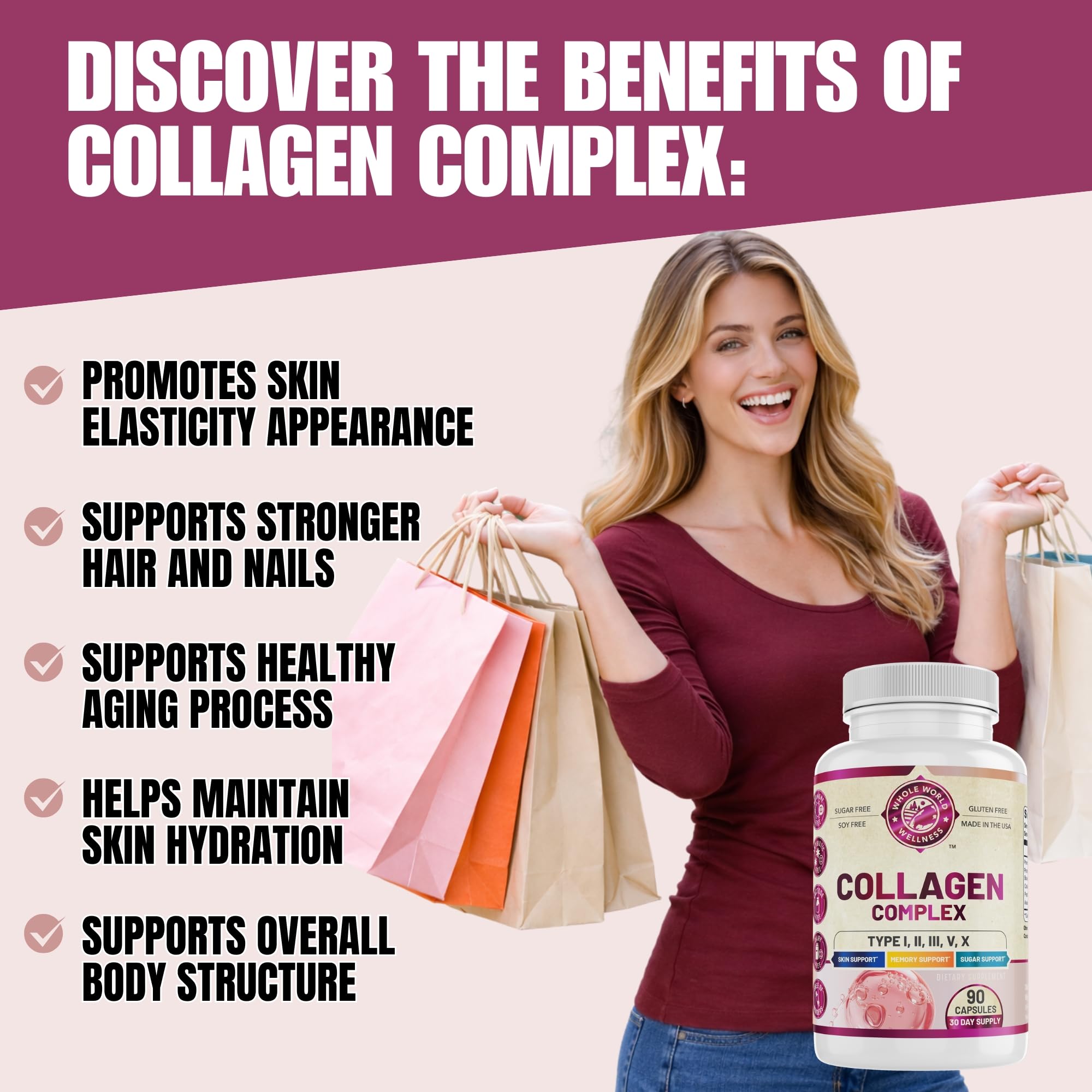 Etiqueta de WHOLE WORLD WELLNESS Collagen Complex con información de calidad.