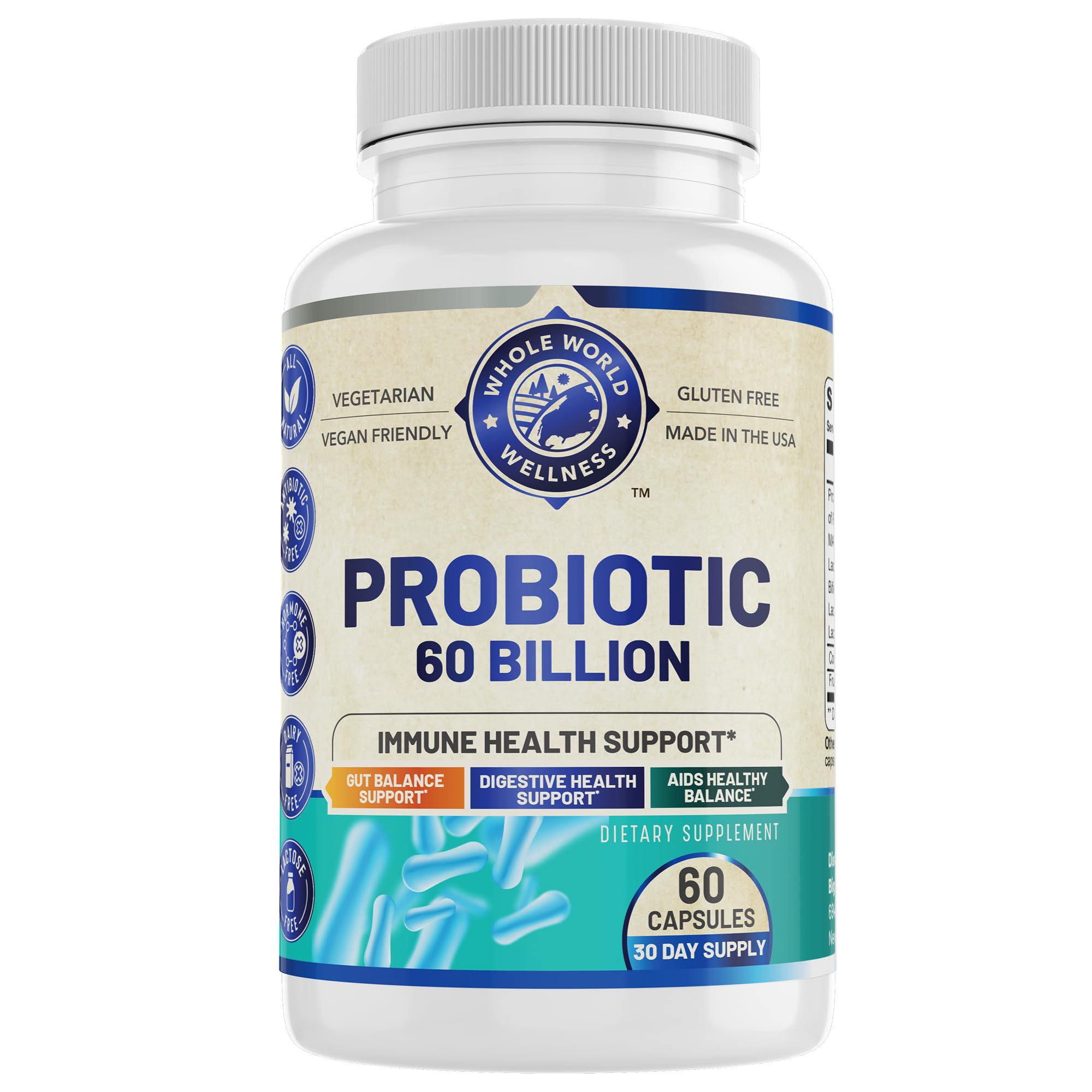 Botella frontal de WHOLE WORLD WELLNESS Probiotico para apoyo digestivo.