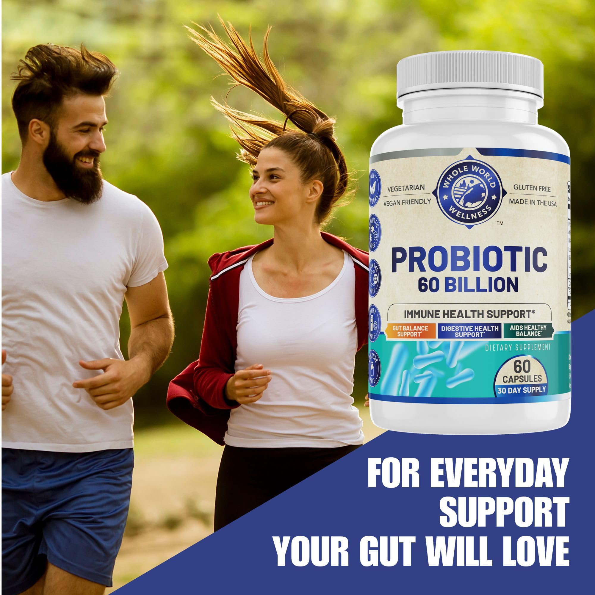 Capsulas de WHOLE WORLD WELLNESS Probiotico, detalle para uso diario.