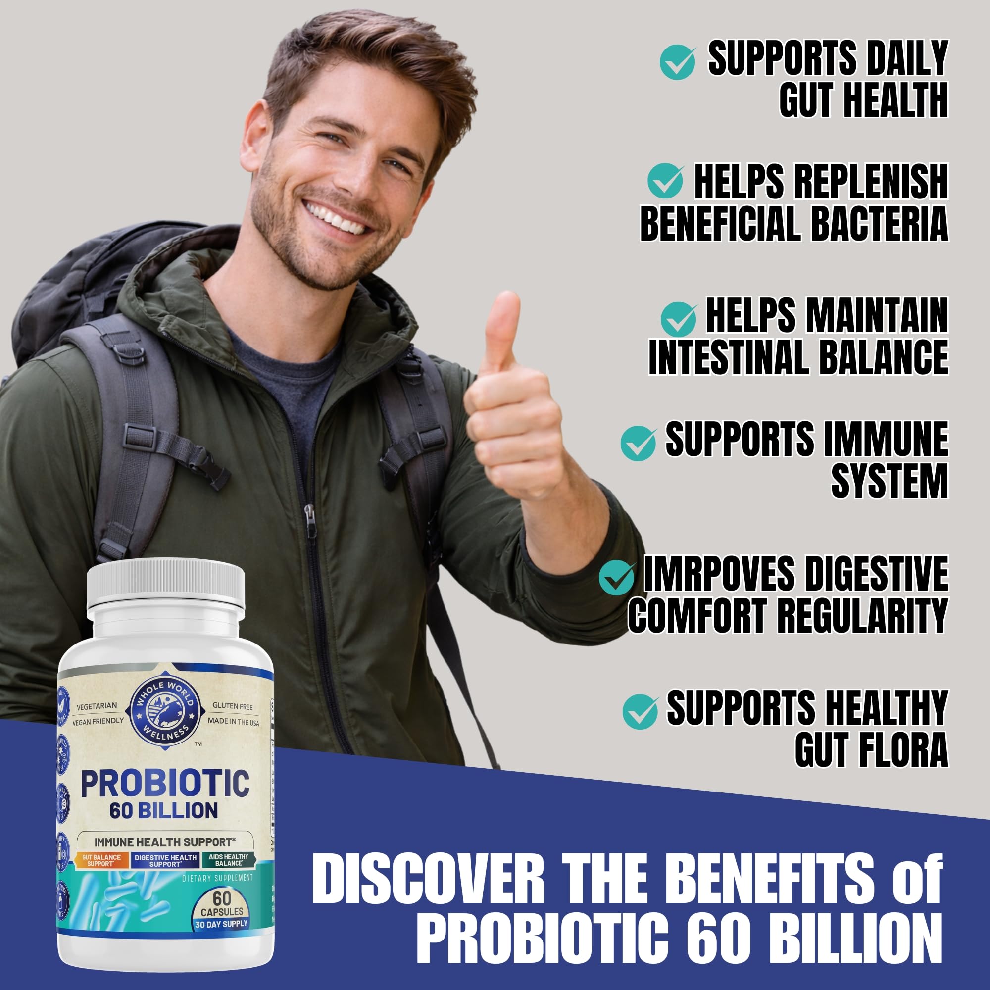 Etiqueta de WHOLE WORLD WELLNESS Probiotico con cuatro cepas y prebiótico FOS.