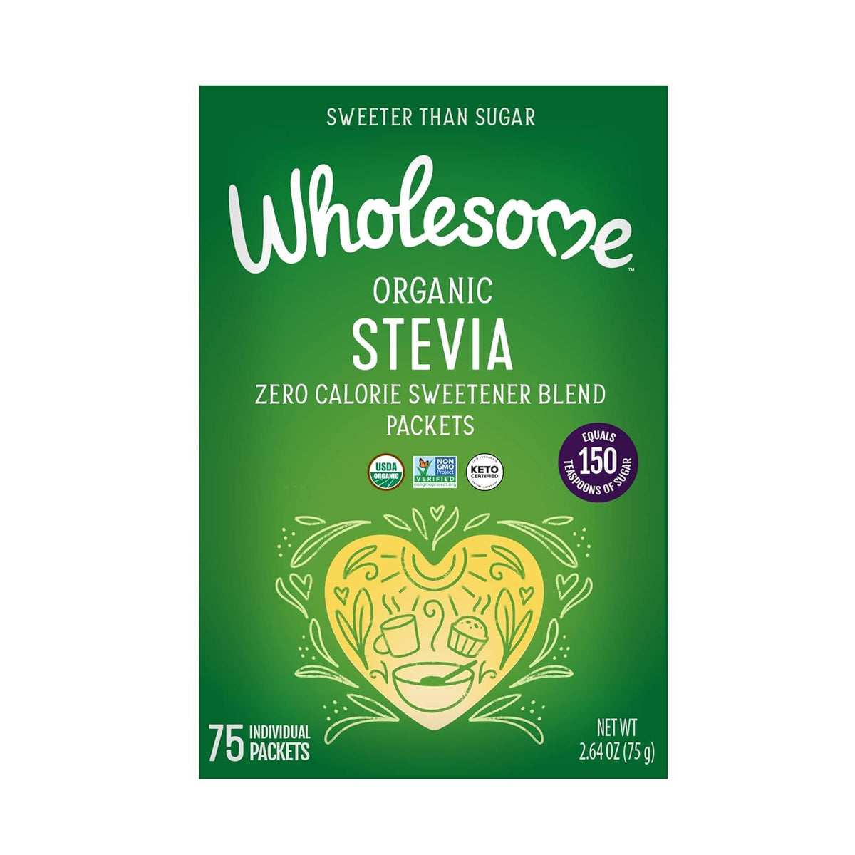 Wholesome Stevia orgánica de 75 paquetes, endulzante natural para bebidas.