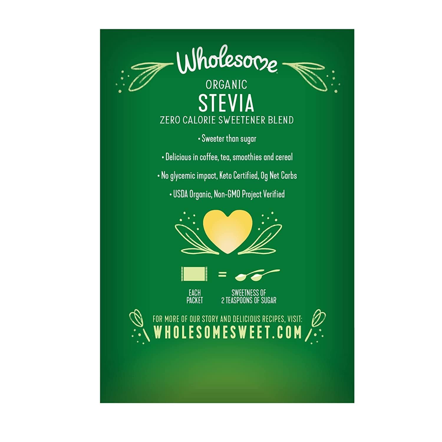 Wholesome Stevia orgánica en sobres individuales para café y té.