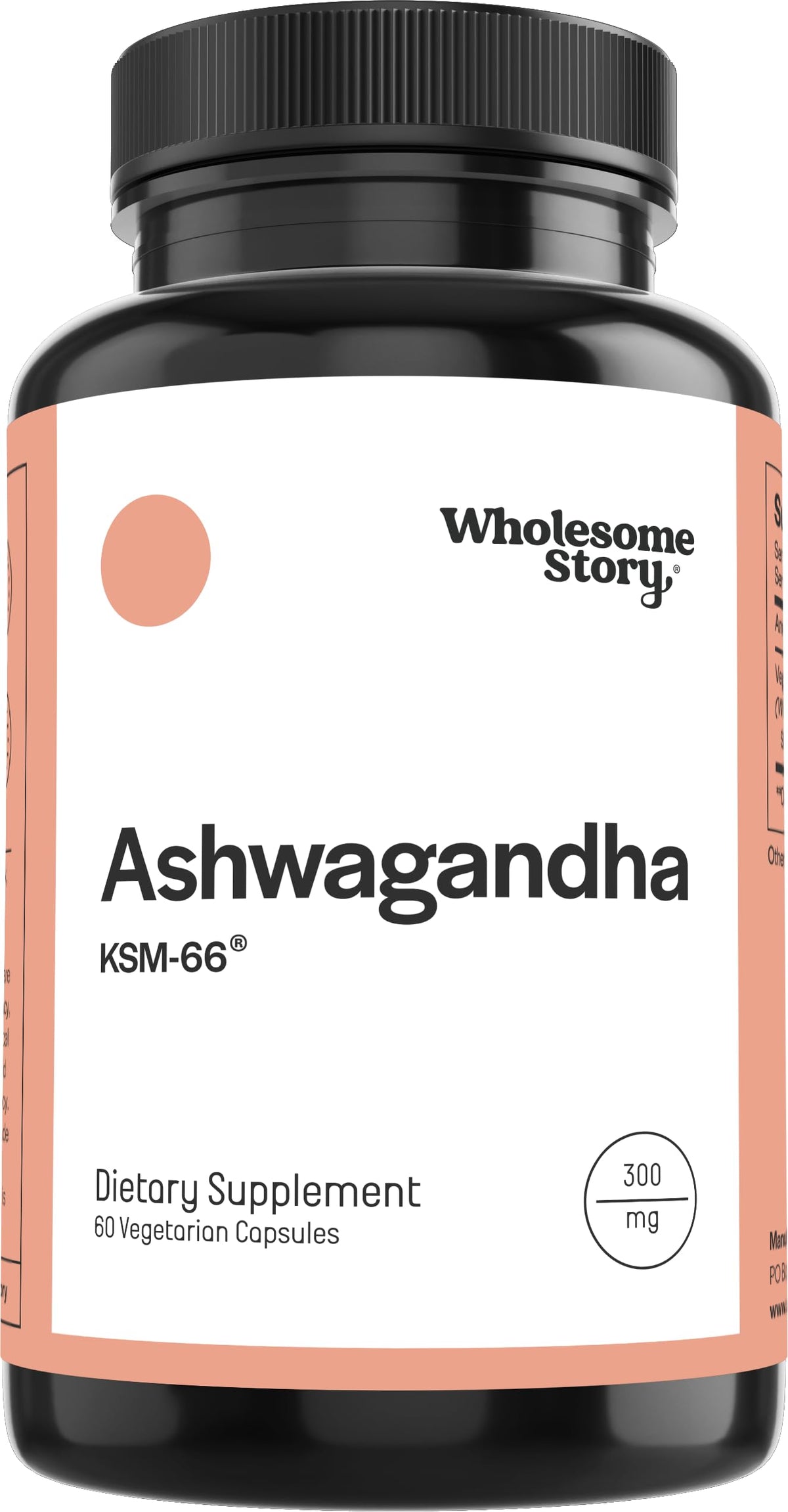 Wholesome Story Ashwagandha Capsules: botella, apoyo al manejo del estrés diario.