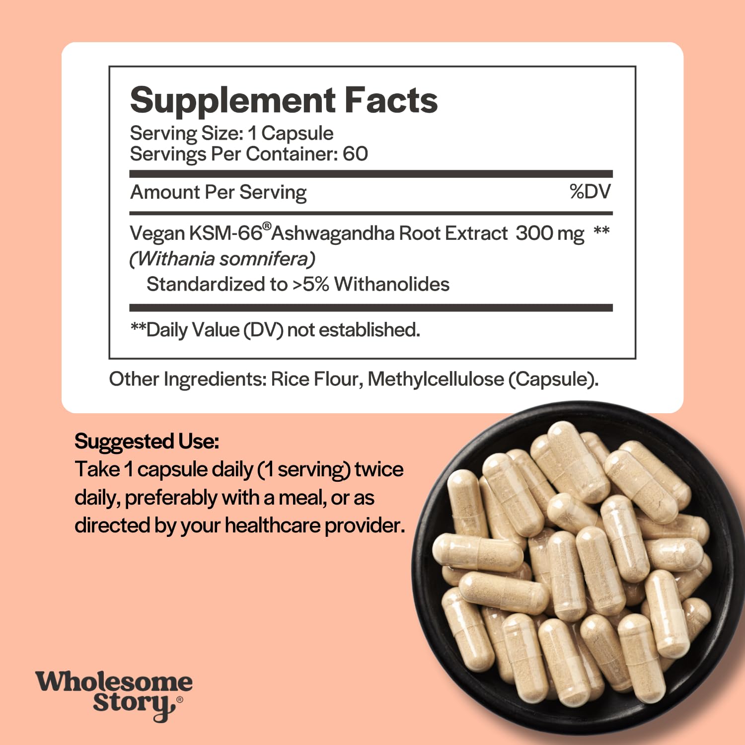 Wholesome Story Ashwagandha Capsules: cápsulas fáciles de tomar para energía diaria.
