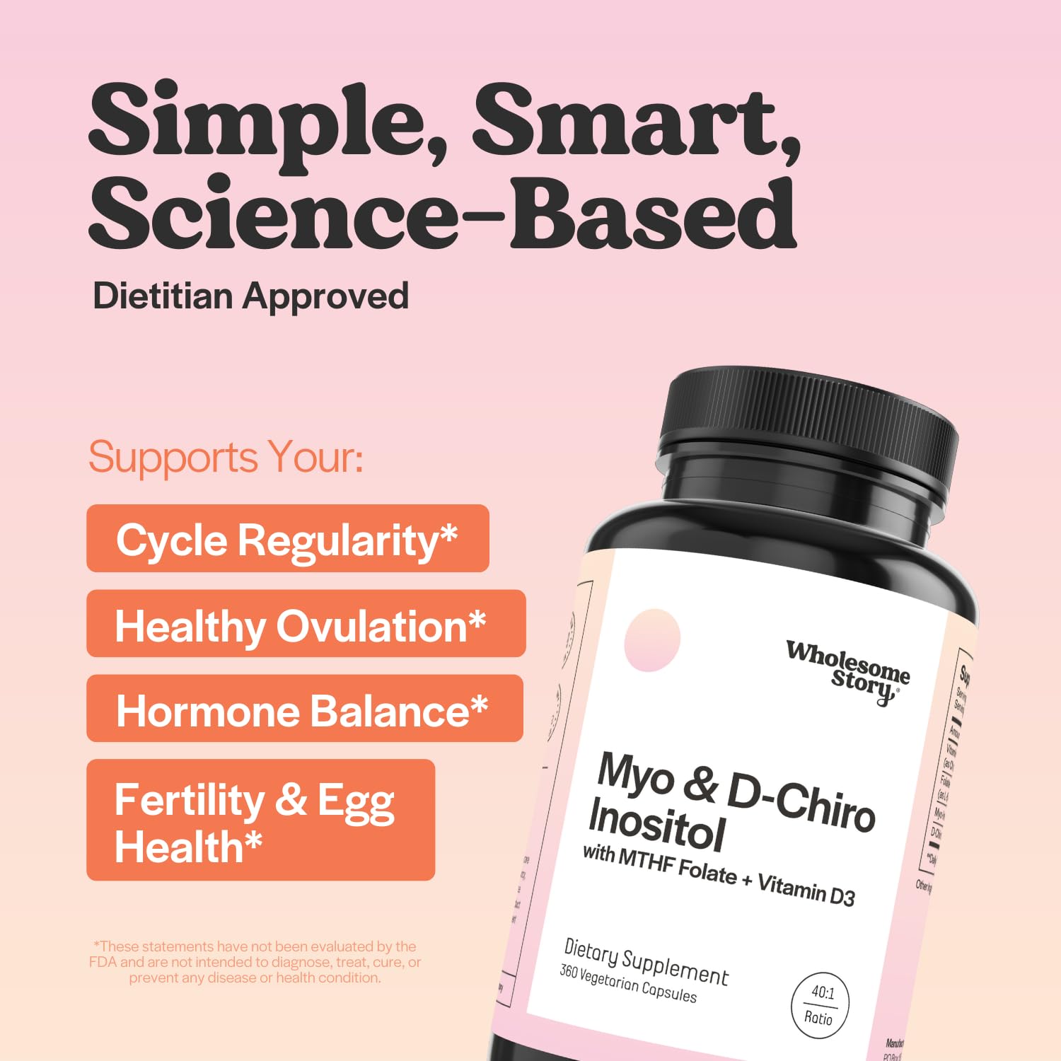 Wholesome Story D-Chiro Inositol cápsulas, bote práctico para equilibrio ovárico.