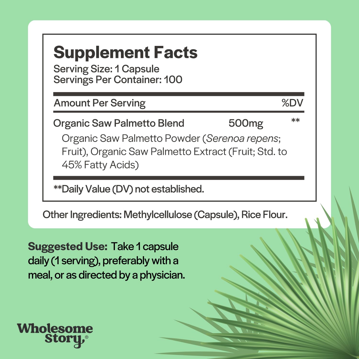 Extracto de Saw Palmetto de Wholesome Story con ingredientes vegetales.