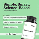 Frasco de Wholesome Story Saw Palmetto, cápsulas para uso diario.